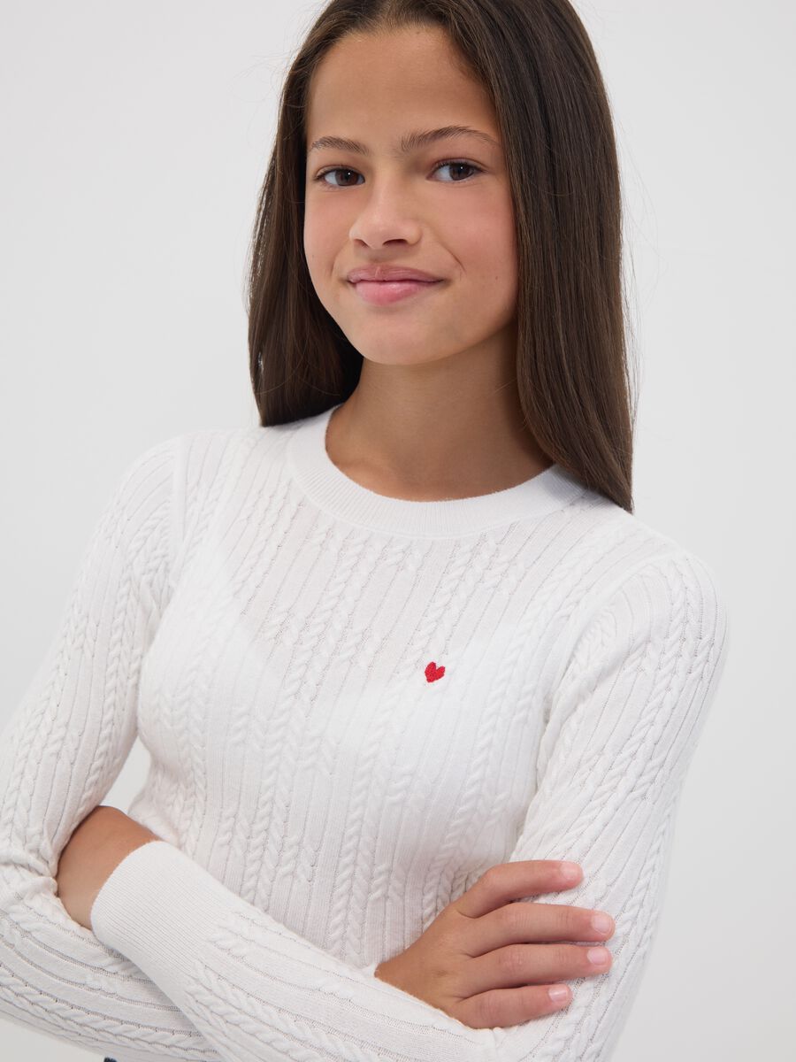 White fitted viscose-blend cable-knit crew-neck jumper for girls_2