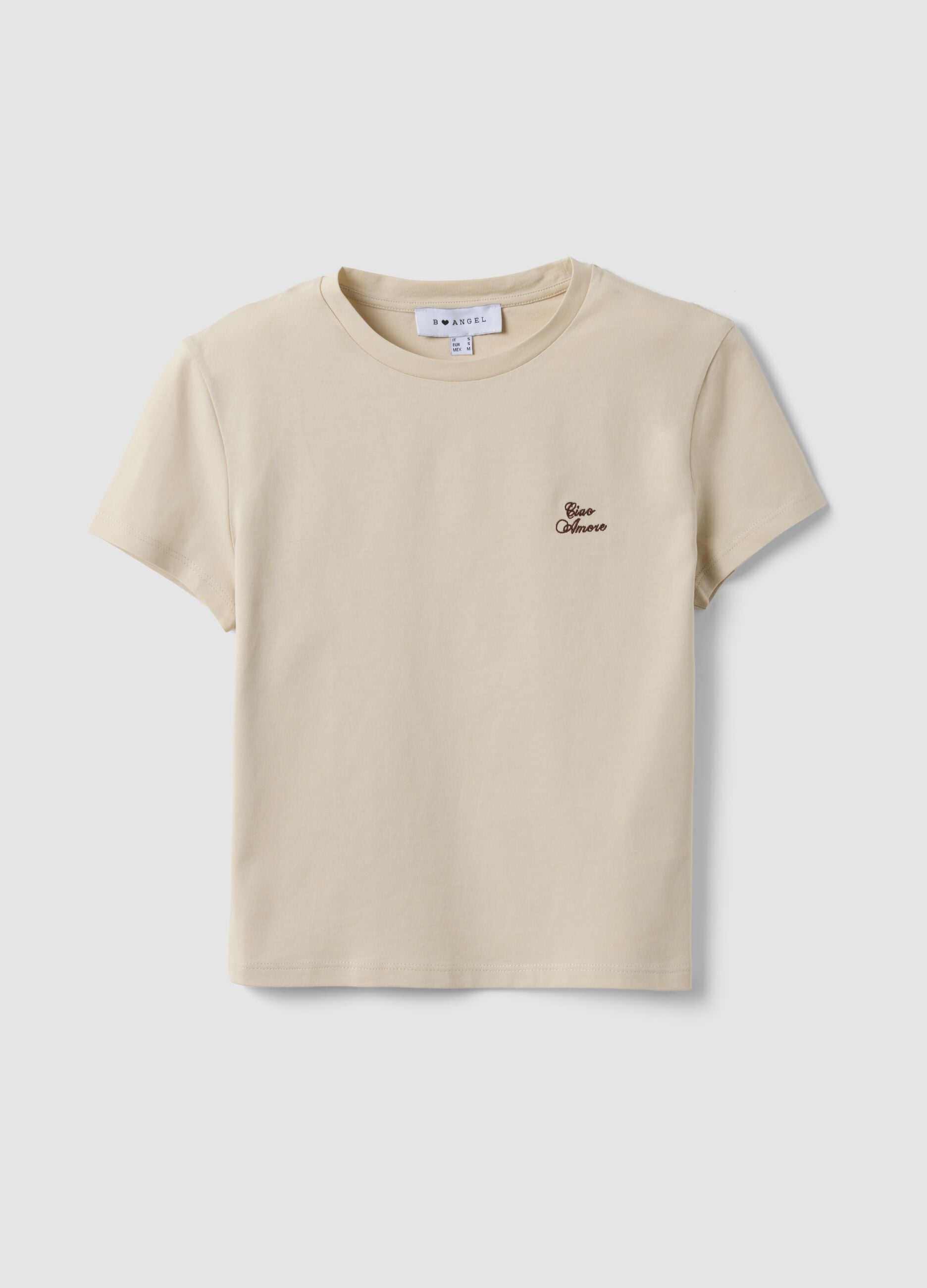 Beige pure cotton cropped T-shirt with crew neck and print