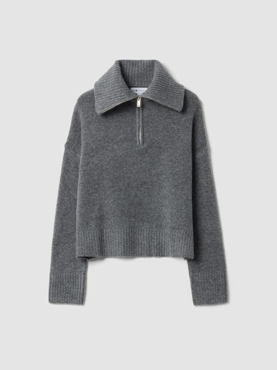 Grauer Half-Zip-Pullover aus elastischer Wolle_0