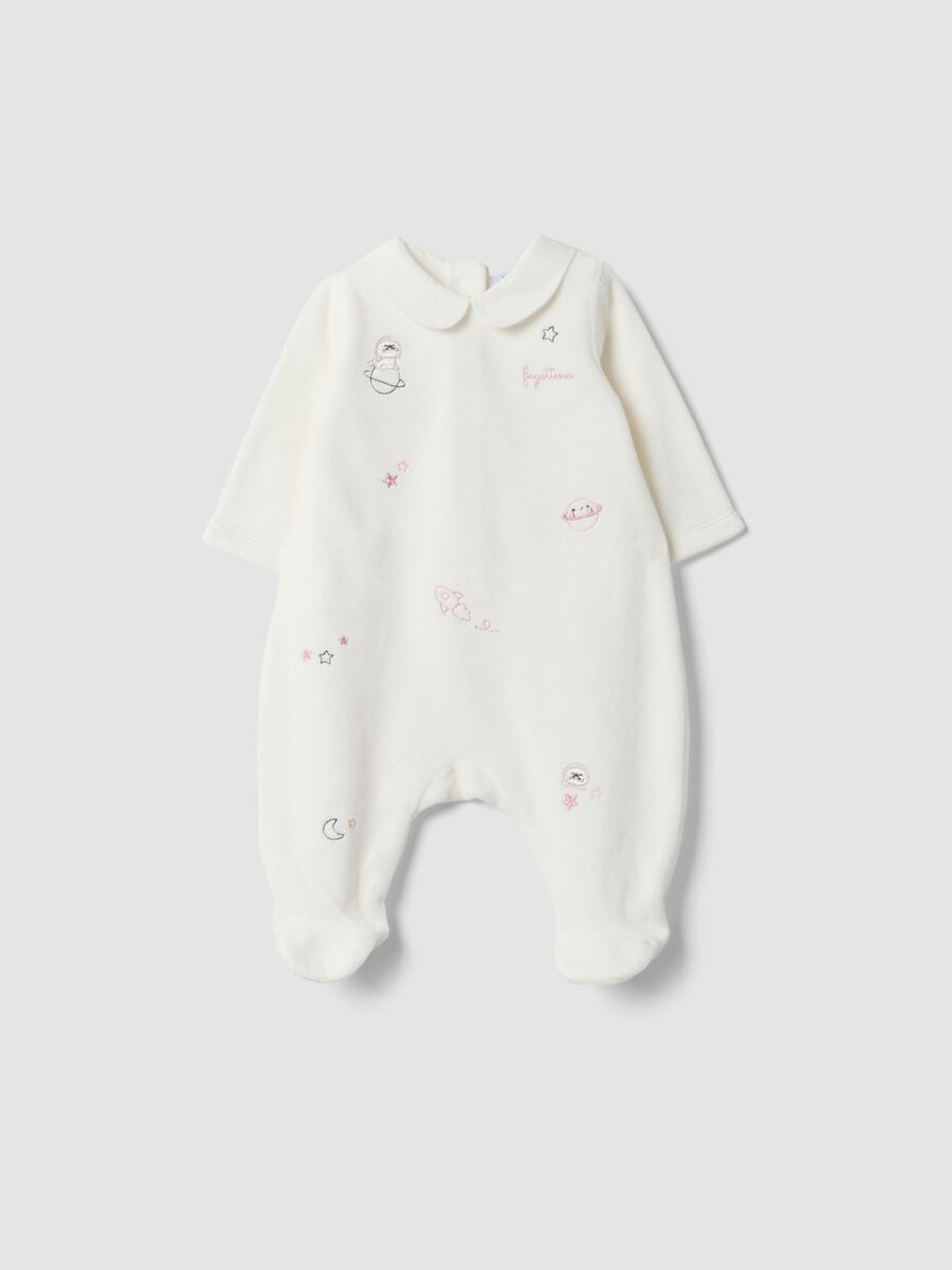 White organic cotton-blend sleepsuit with collar_0