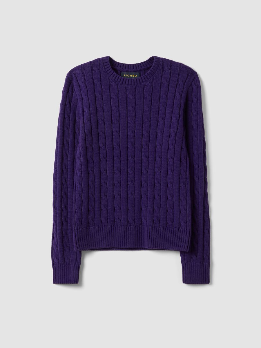Violetter Zopfmuster-Pullover aus reiner Baumwolle mit Rundhalsausschnitt_4