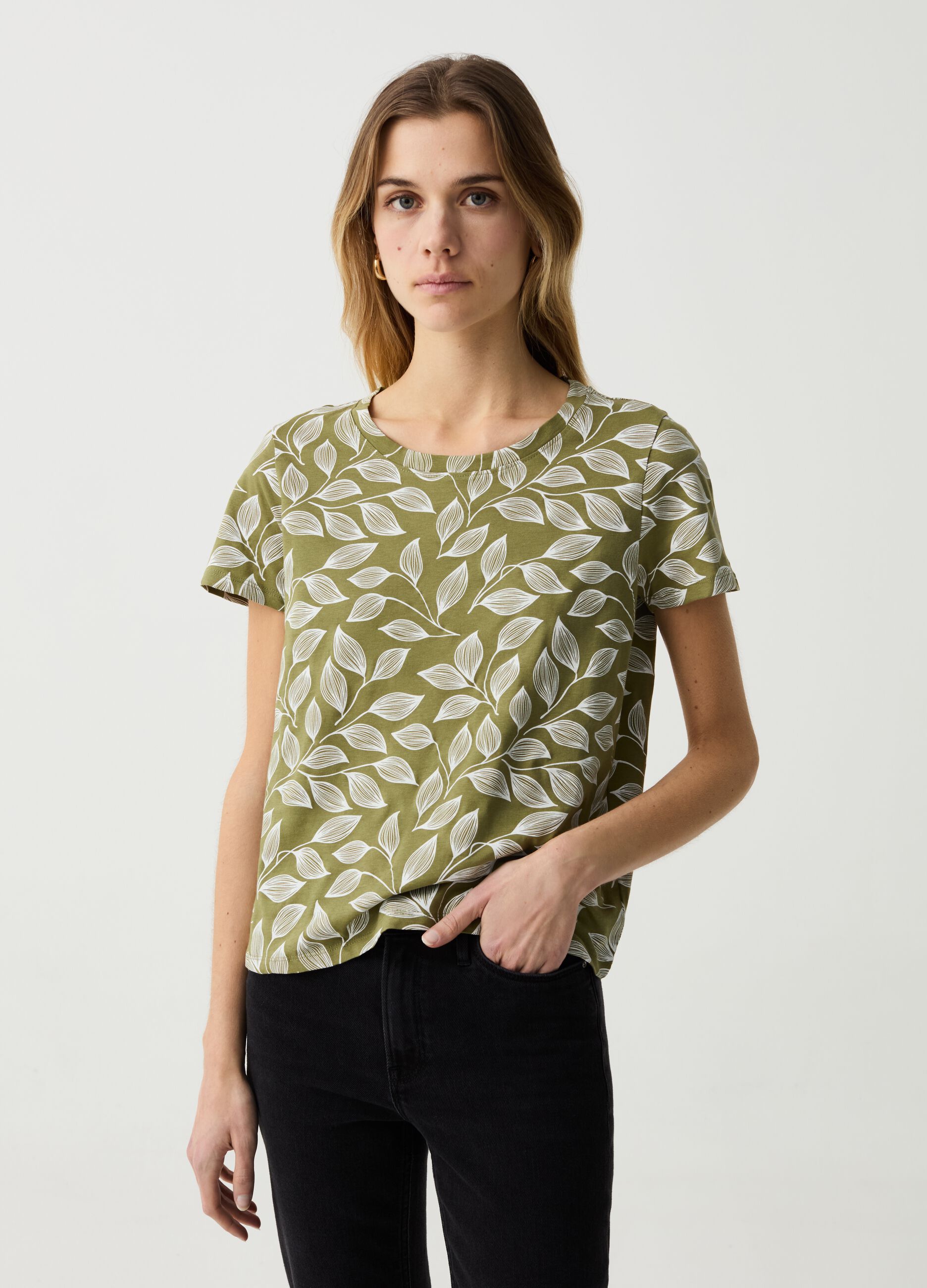 T-shirt in cotone con stampa foliage