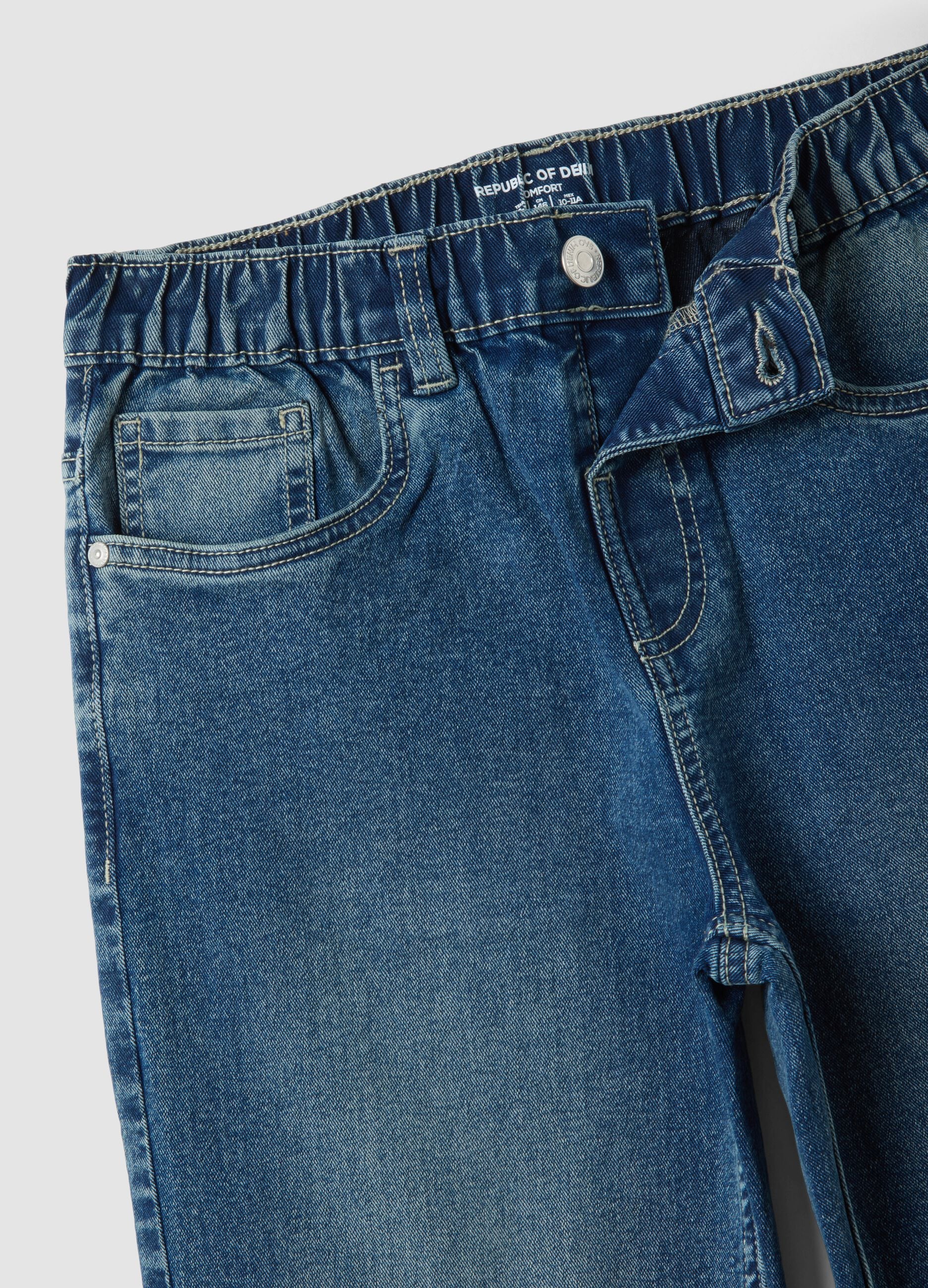 Blue stretch cotton jeans with elasticated waistband, comfort fit