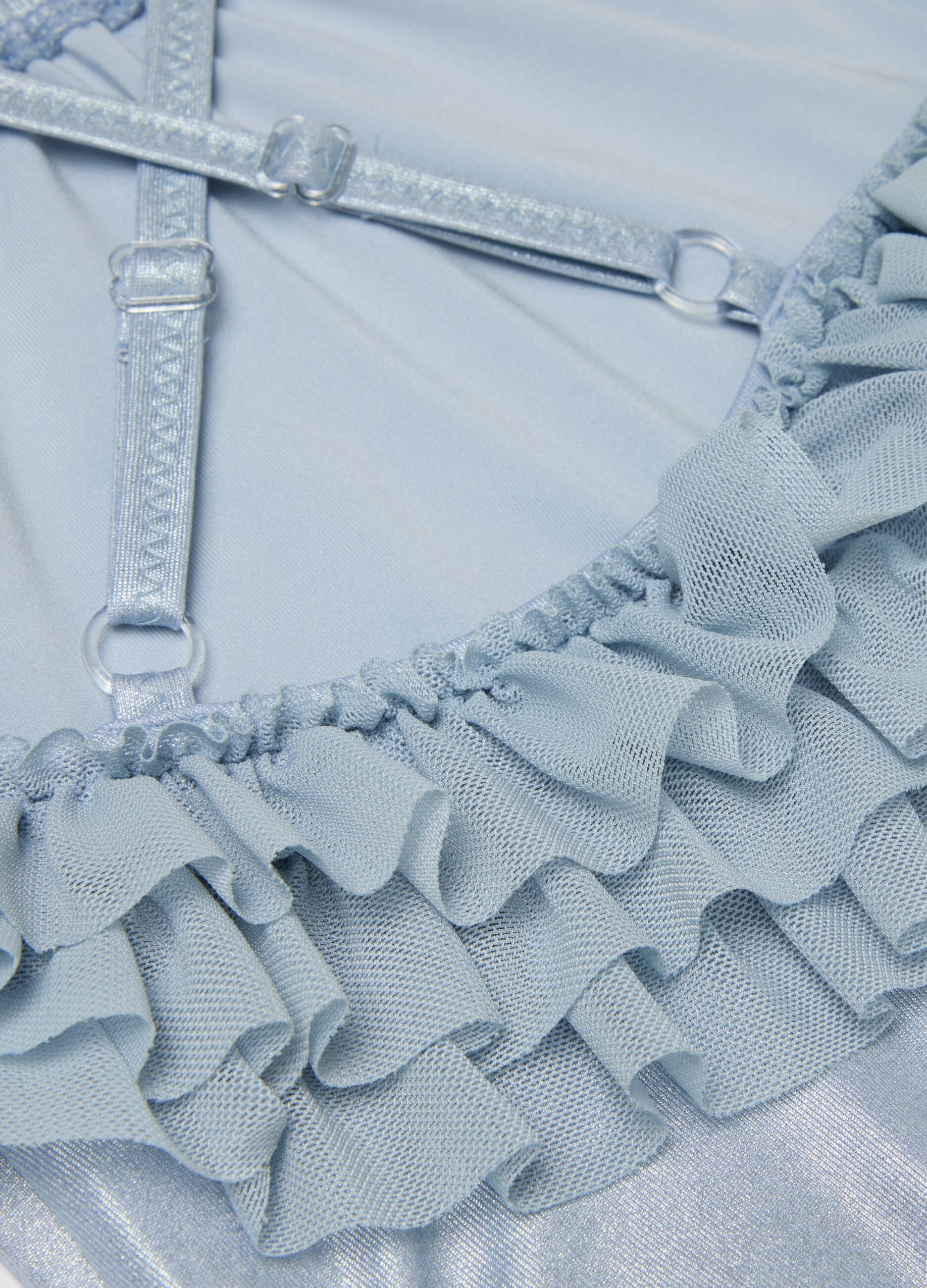 Hellblauer Badeanzug aus Stretchmaterial mit R&uuml;schen f&uuml;r Baby-M&auml;dchen