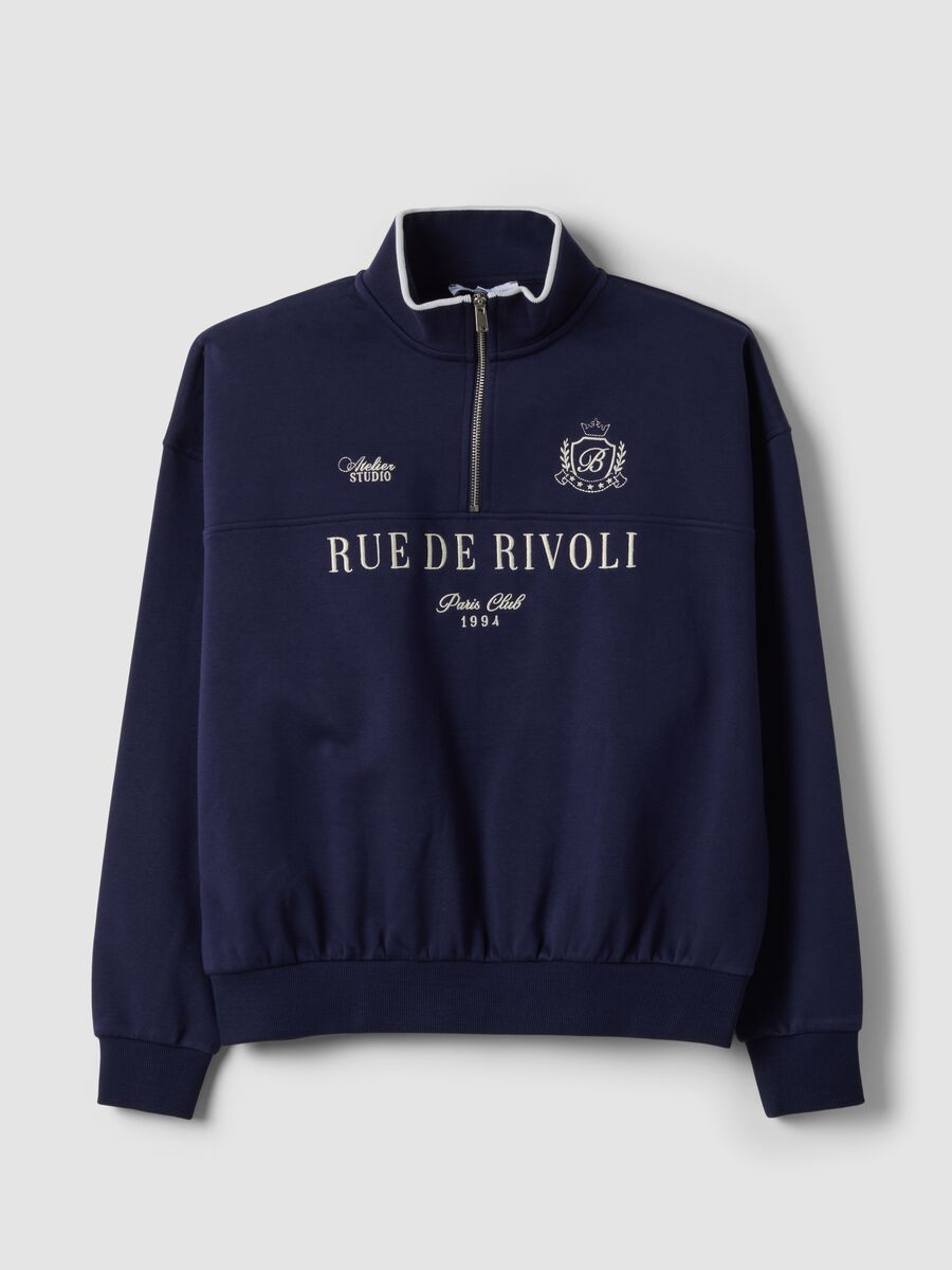 Blue half-zip cotton-blend sweatshirt with front lettering, regular fit_0
