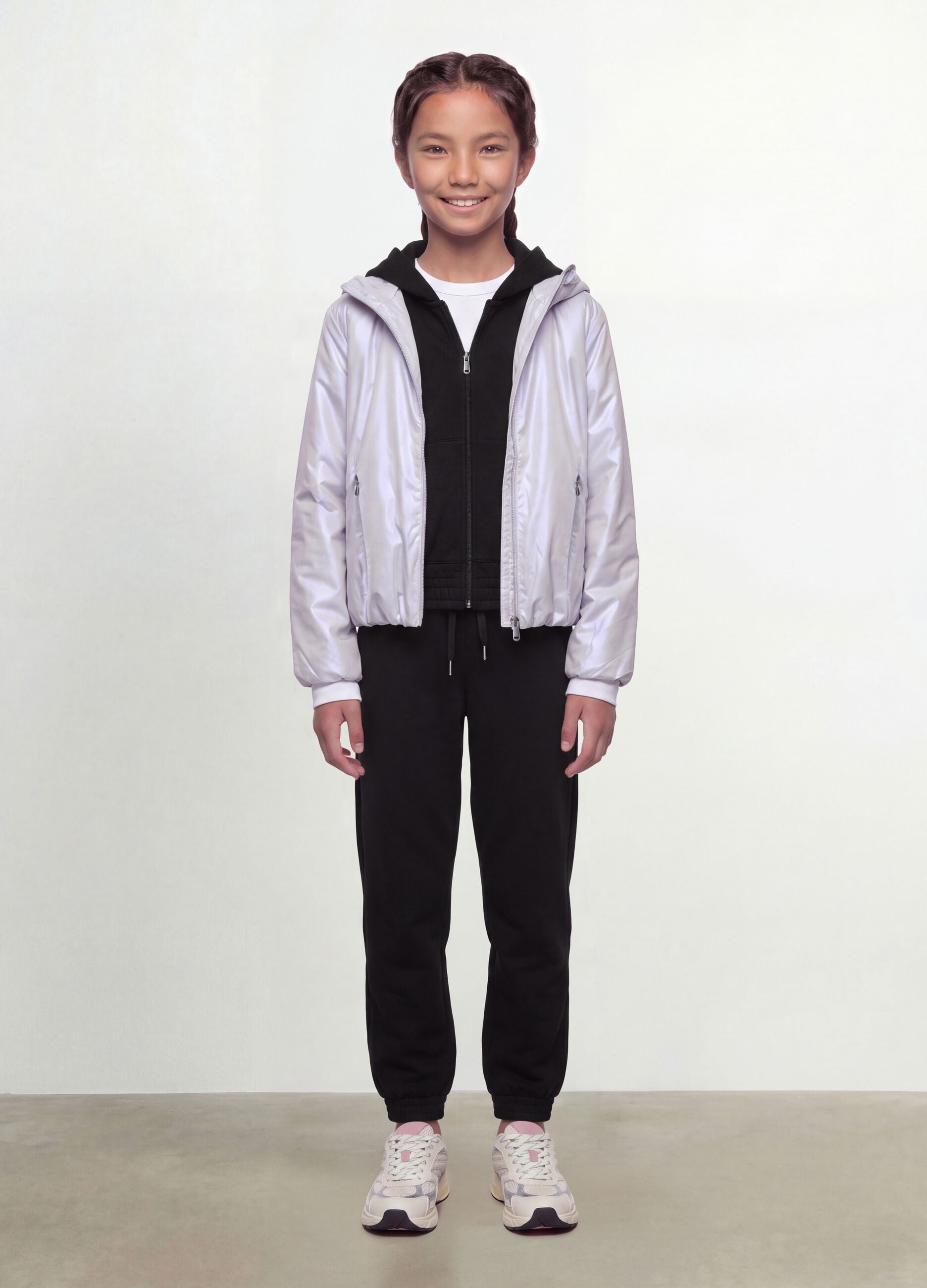 Grey hooded rain jacket with zip for girls