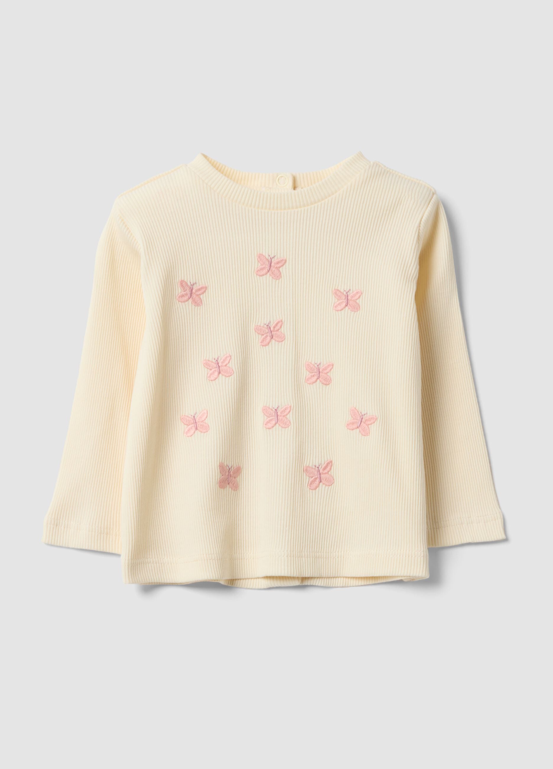 Wei&szlig;es geripptes Shirt aus reiner Bio-Baumwolle mit Schmetterlingsstickerei f&uuml;r Baby-M&auml;dchen