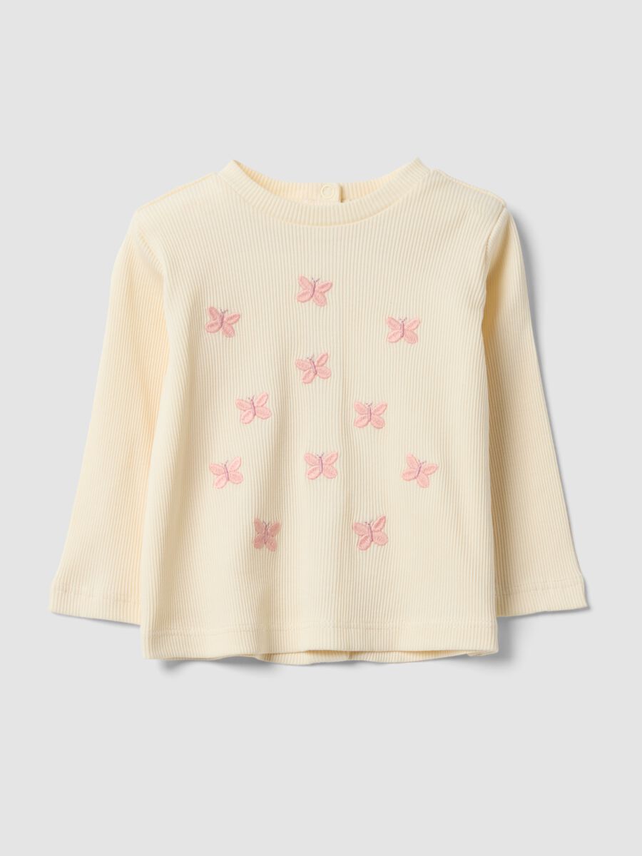 Wei&szlig;es geripptes Shirt aus reiner Bio-Baumwolle mit Schmetterlingsstickerei f&uuml;r Baby-M&auml;dchen_0
