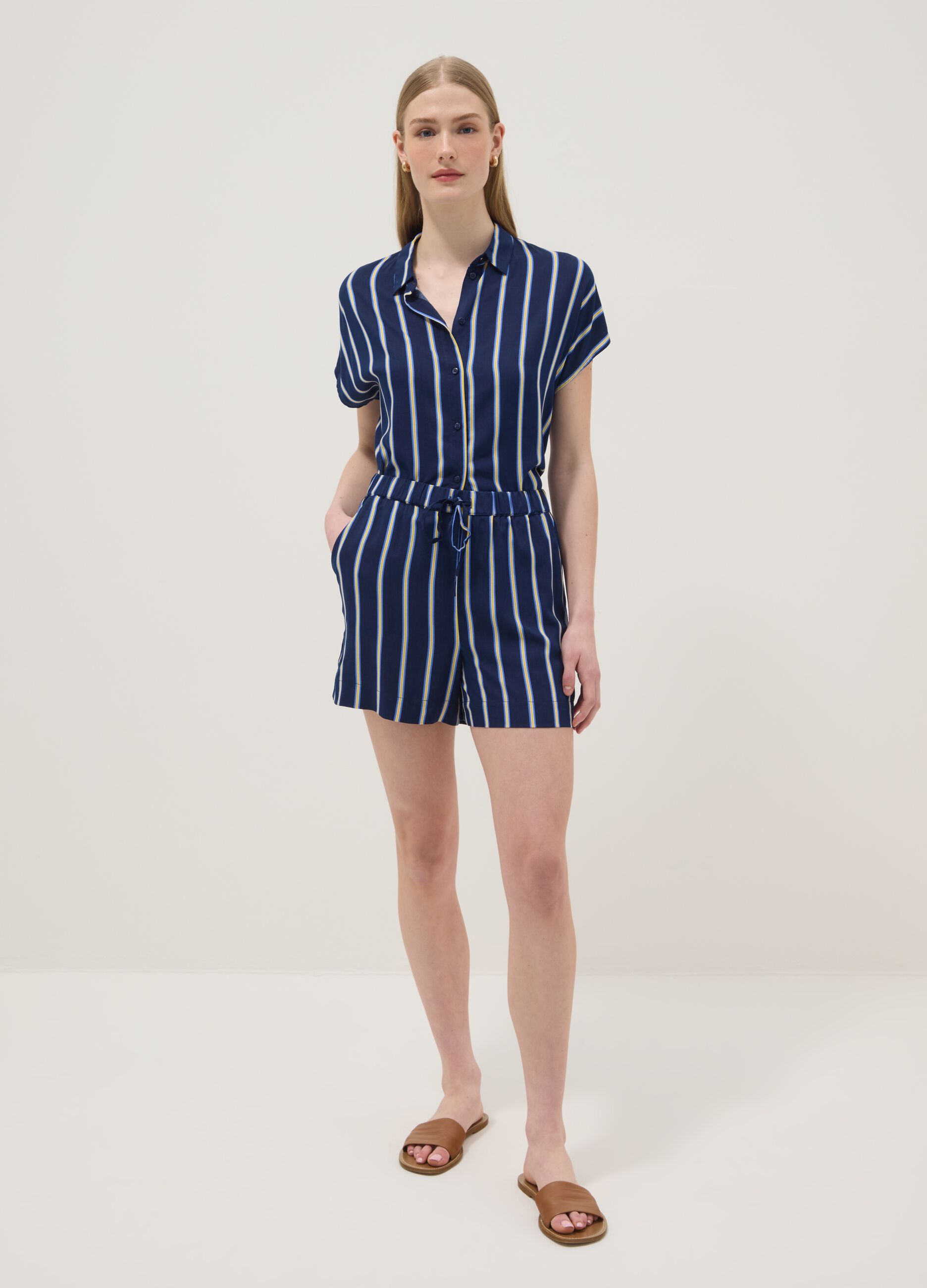Blue striped pure viscose shorts
