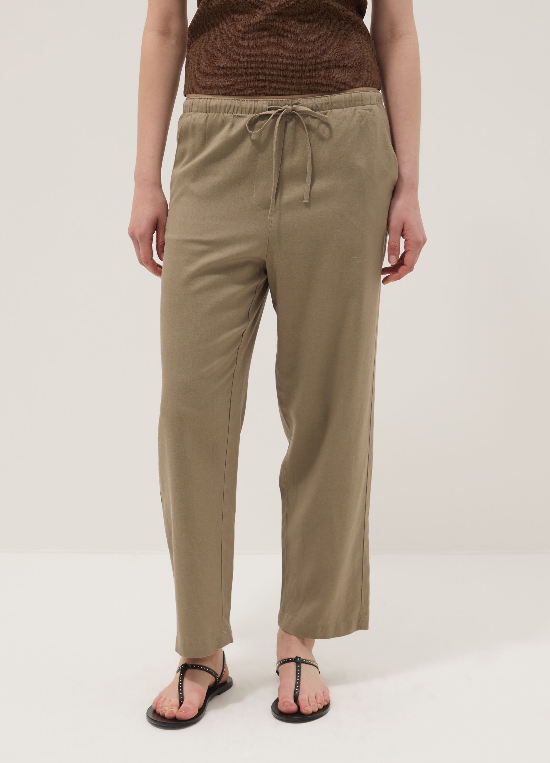 Beige viscose and linen blend straight-fit trousers with drawstring