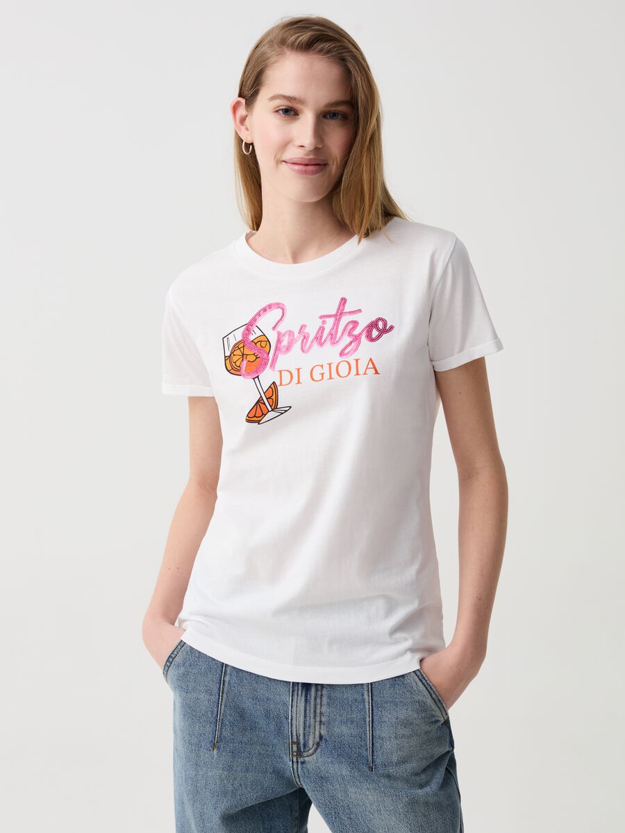 T-shirt con stampa Spritz e paillettes_0