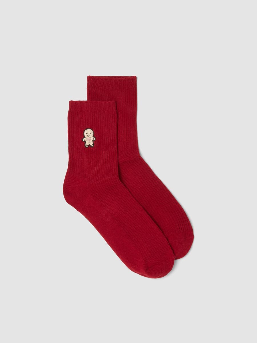 Calzini rossi in misto cotone organico elasticizzato con dettaglio natalizio_0