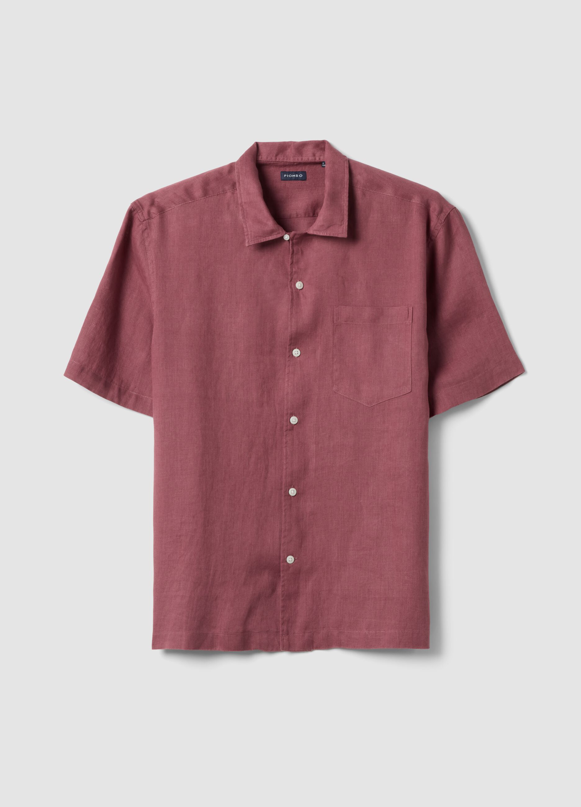 Regular fit pink short sleeve pure linen shirt with pocket