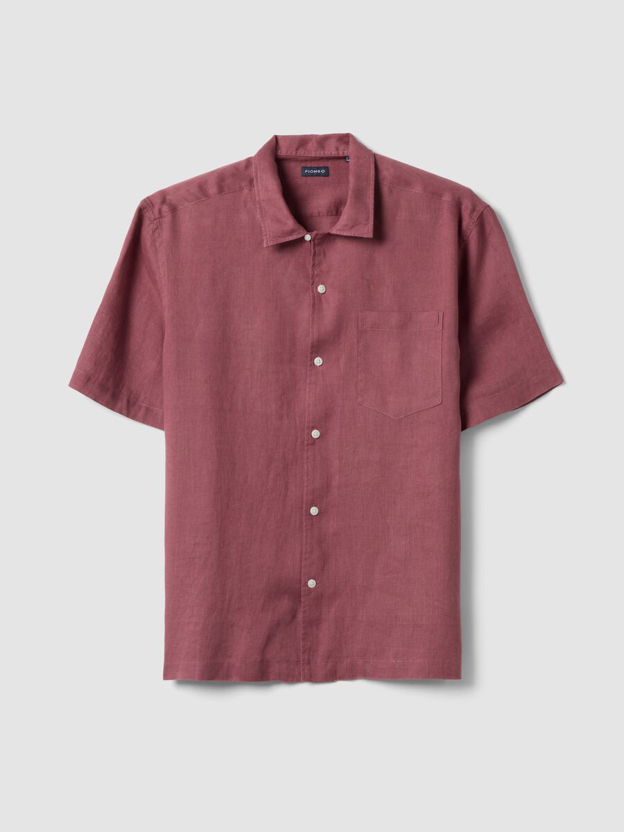 Regular fit pink short sleeve pure linen shirt with pocket_0