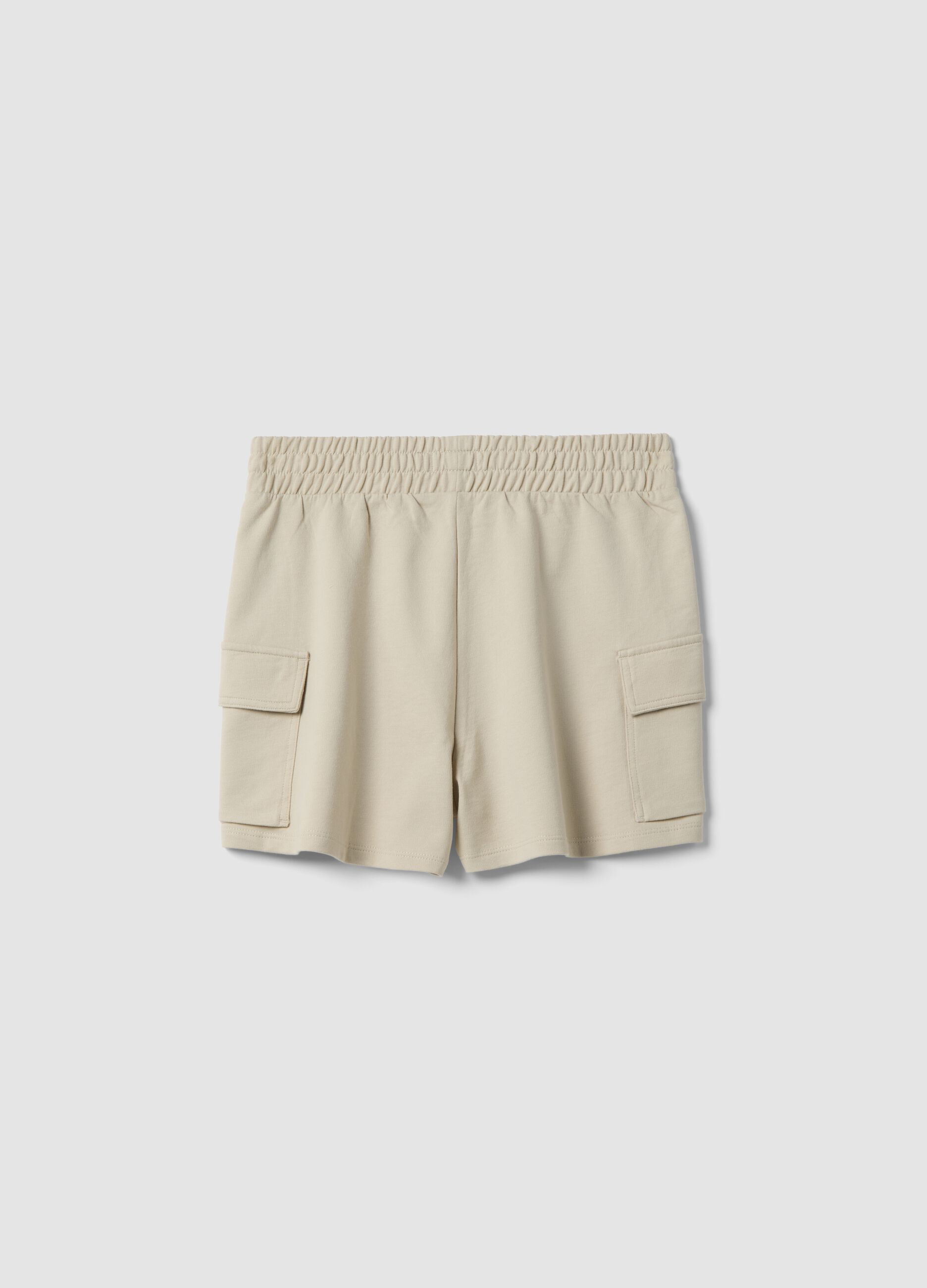 Girls' beige cotton-blend cargo shorts with relaxed fit