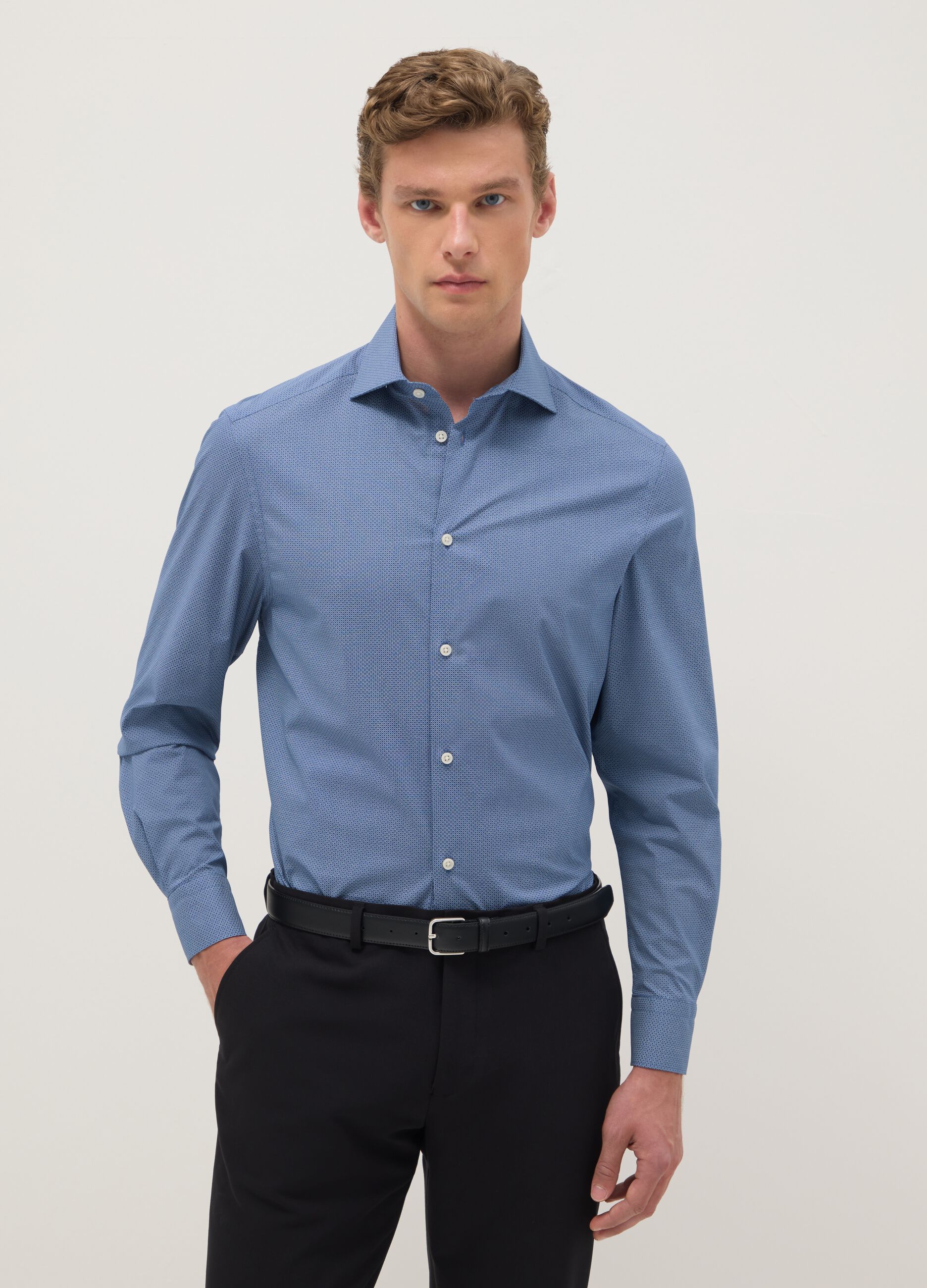 Blue shirt with micro-checks in stretch cotton regular fit