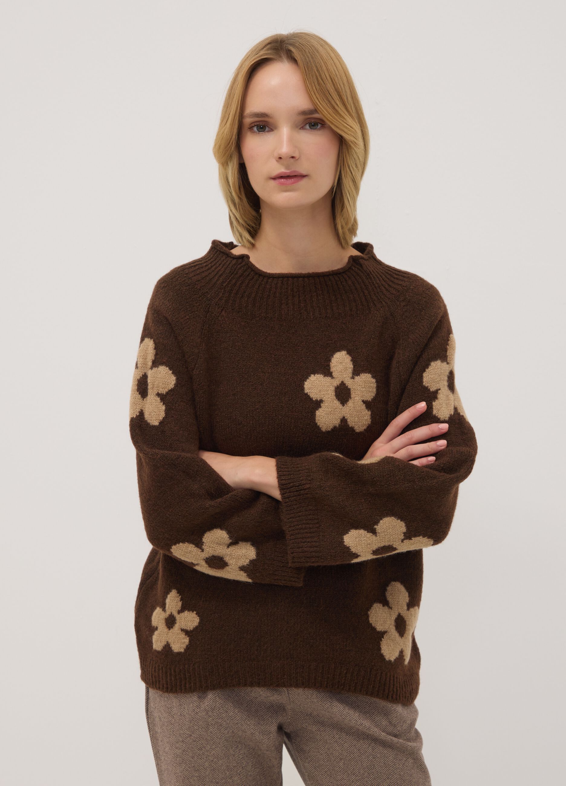 Brown and orange wool-blend floral jumper