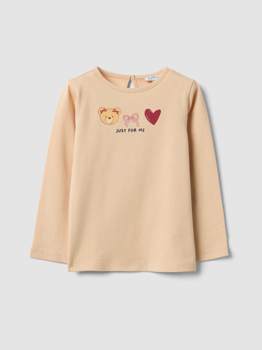 Maglietta beige in puro cotone organico con stampa orsetti per bimba_0