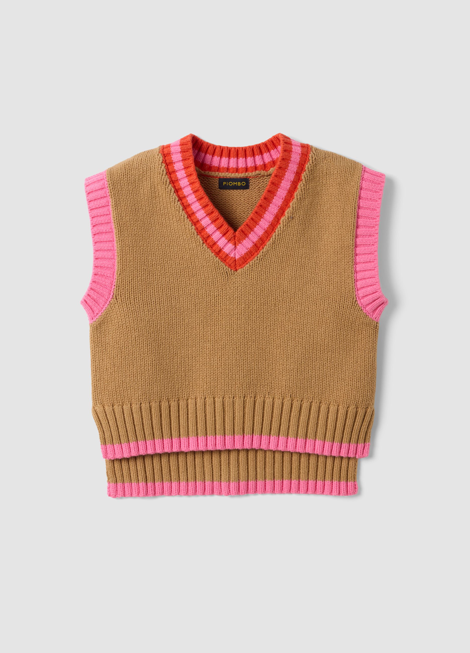 Brown cotton-blend V-neck gilet with contrast trim for girls