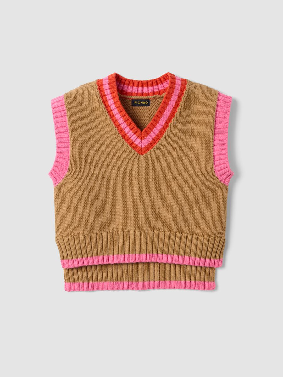 Brown cotton-blend V-neck gilet with contrast trim for girls_0