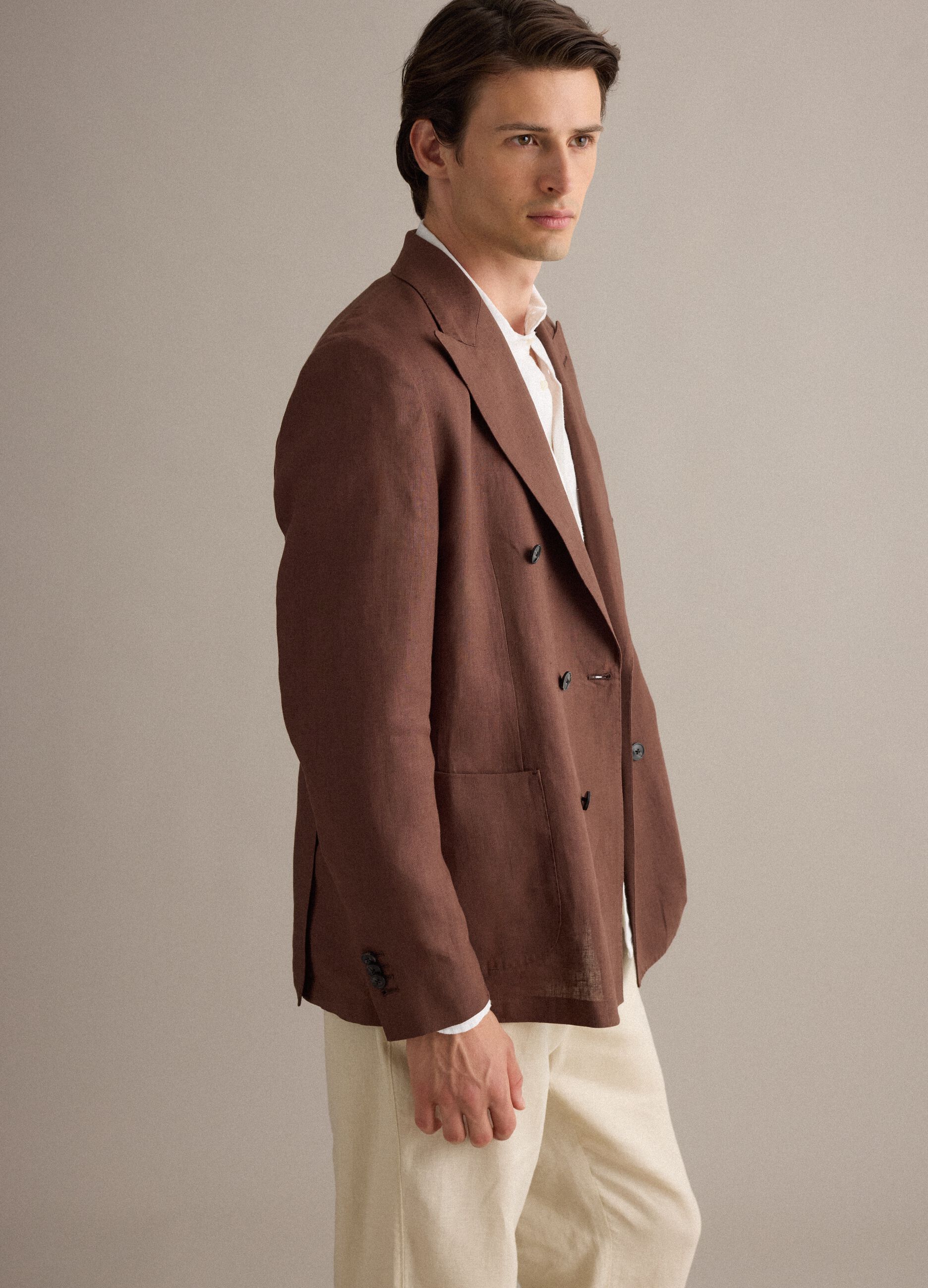 Brown Pure Linen Regular Fit Blazer