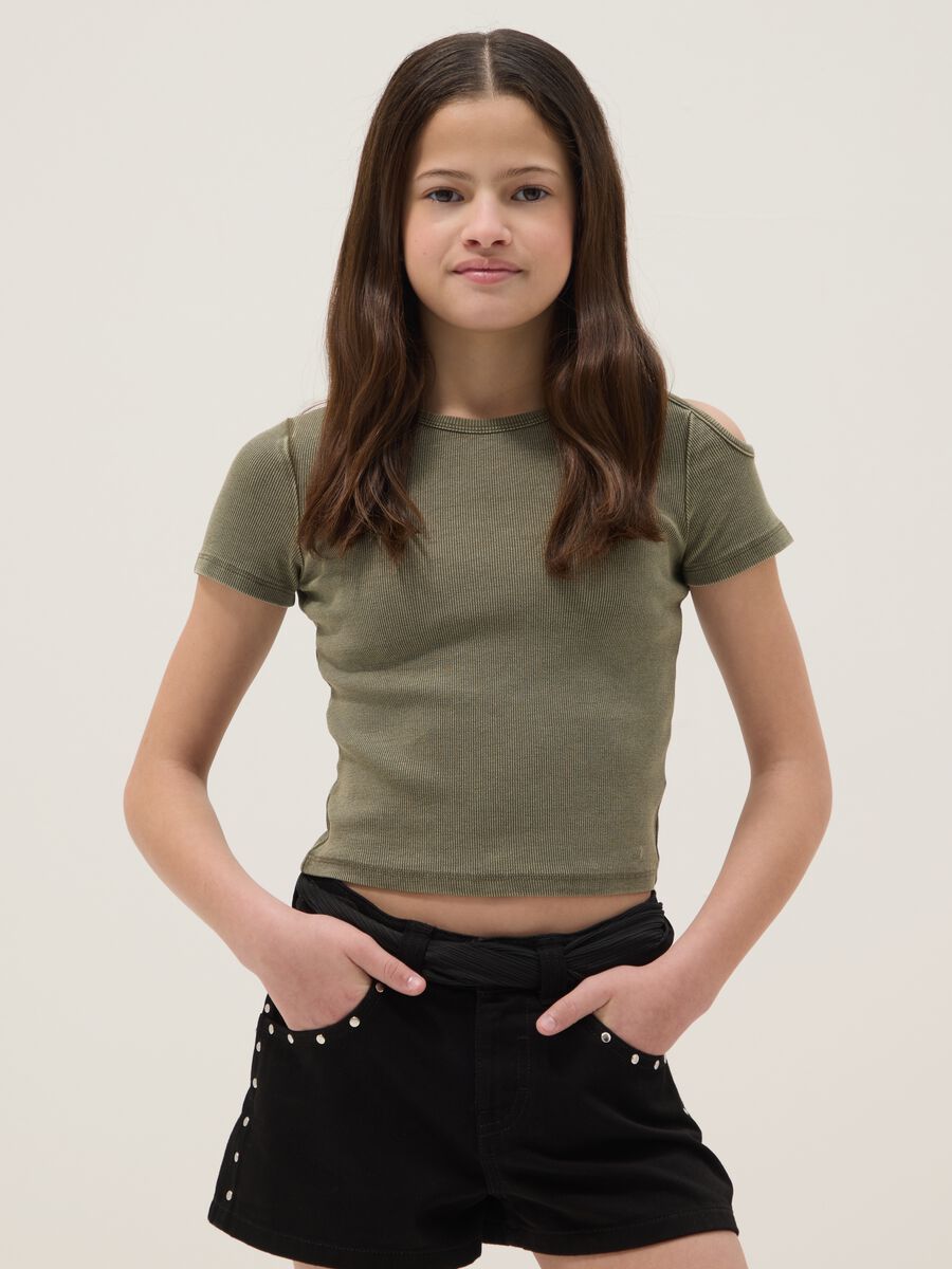 Green cut-out stretch cotton slim fit girl T-shirt_0