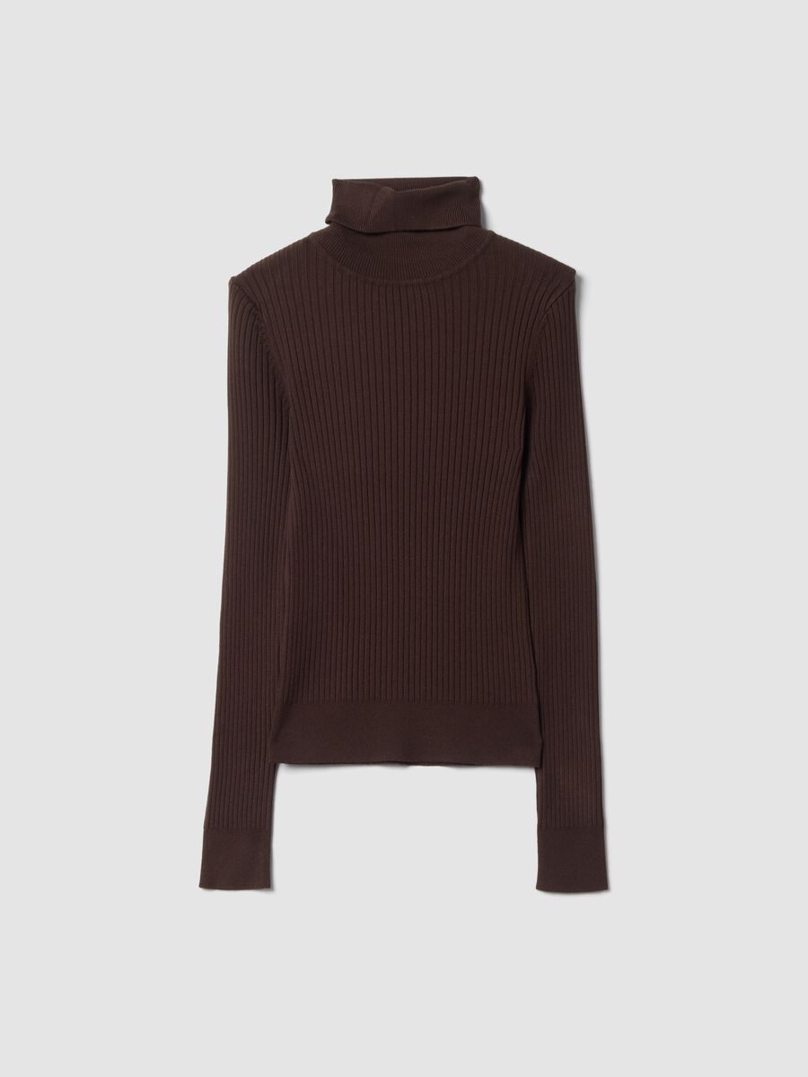 Brown ribbed viscose-blend turtleneck jumper_0