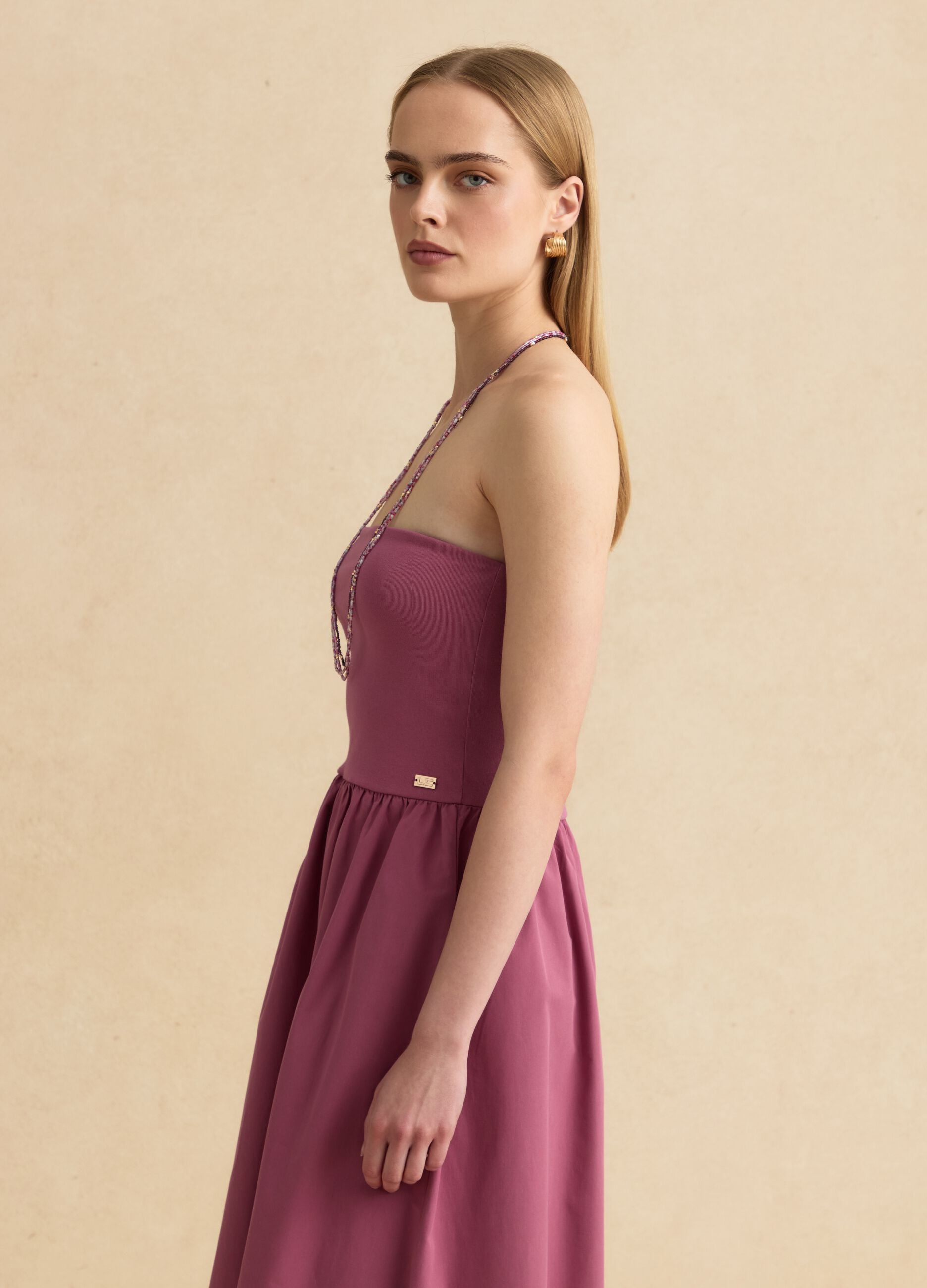 Robe longue rose en coton stretch, coupe regular, sans bretelles