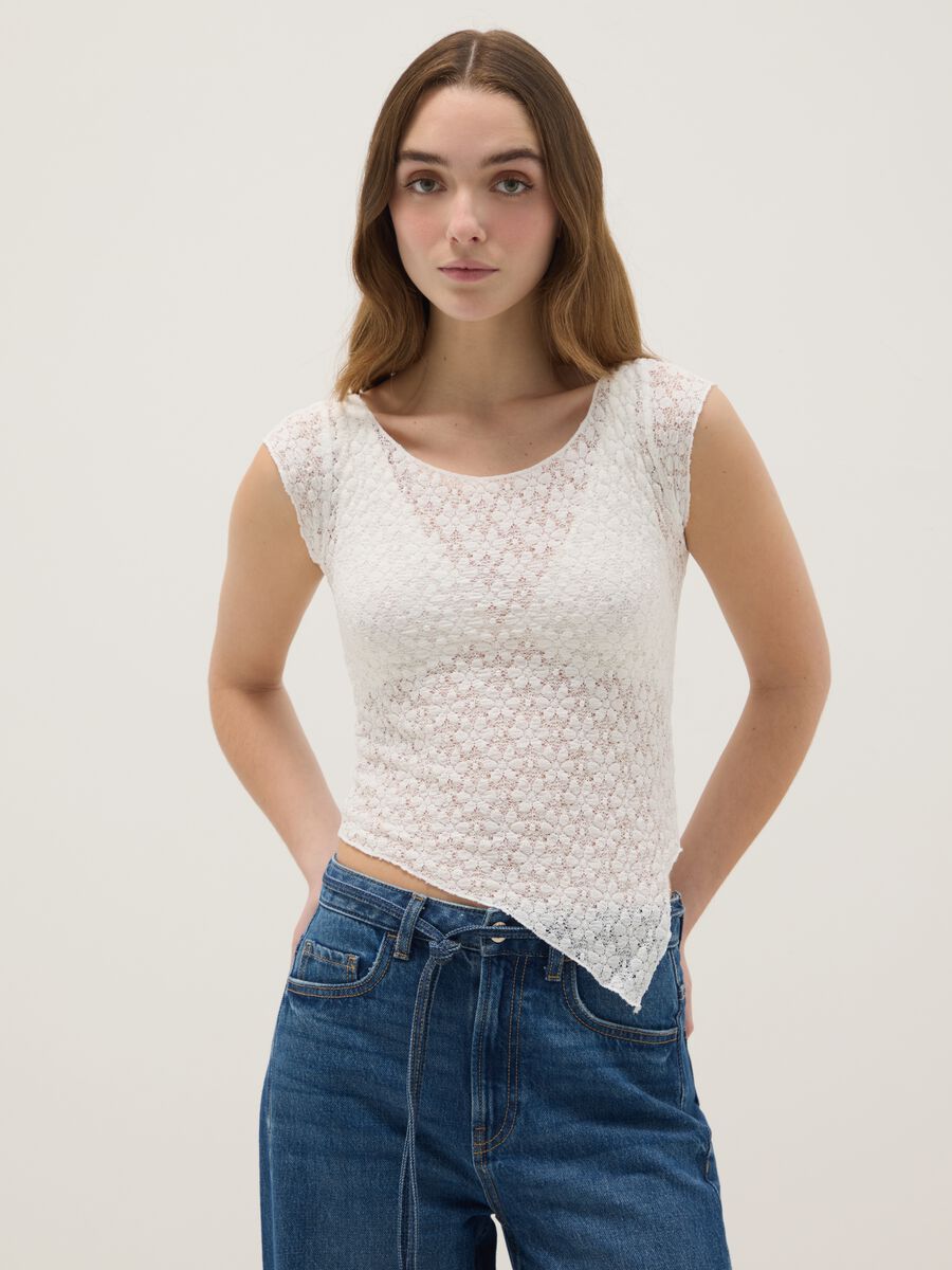 White slim fit cotton blend T-shirt with perforated design_1