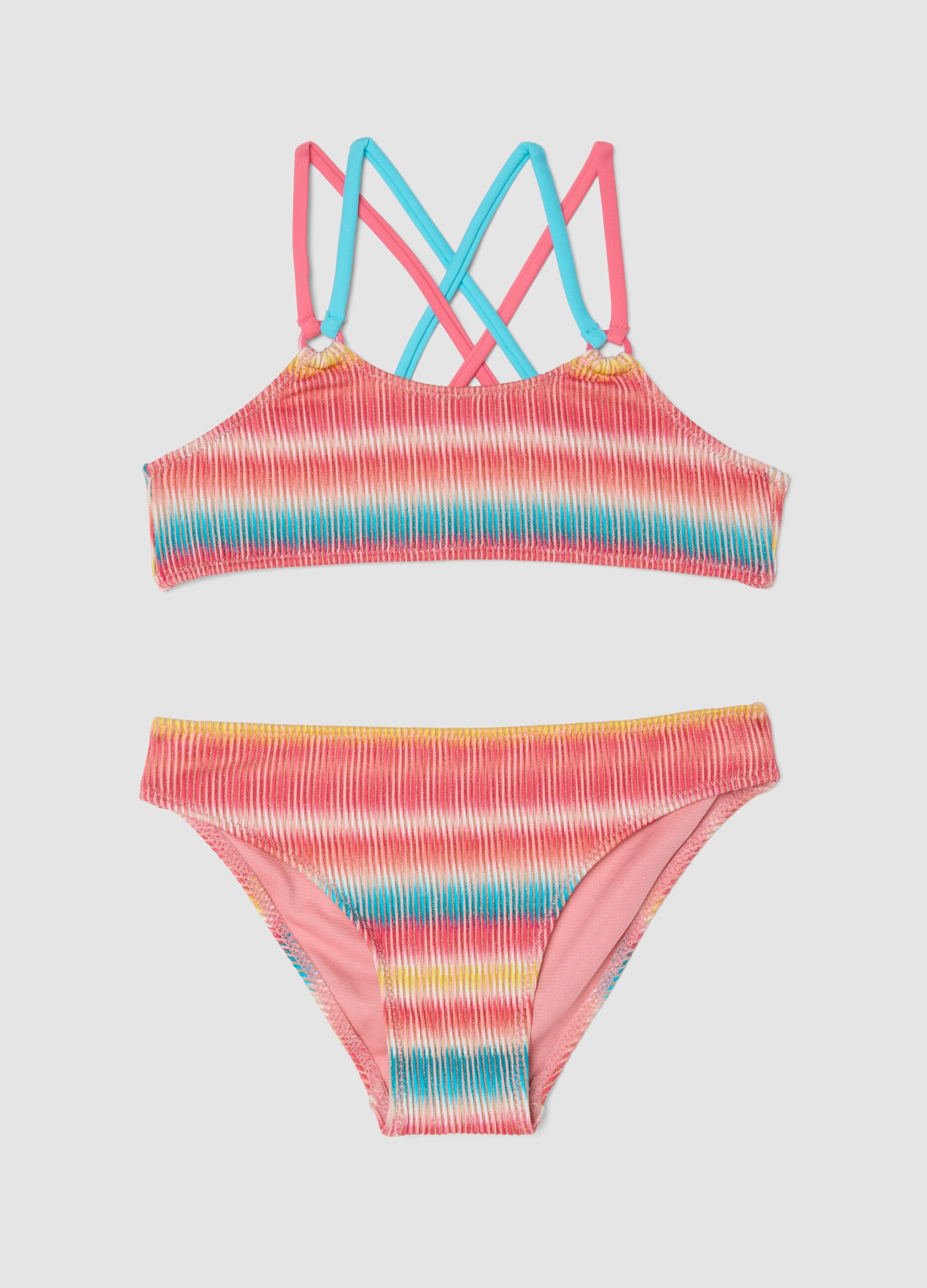 Girls&rsquo; multicolour striped stretch-fabric bikini