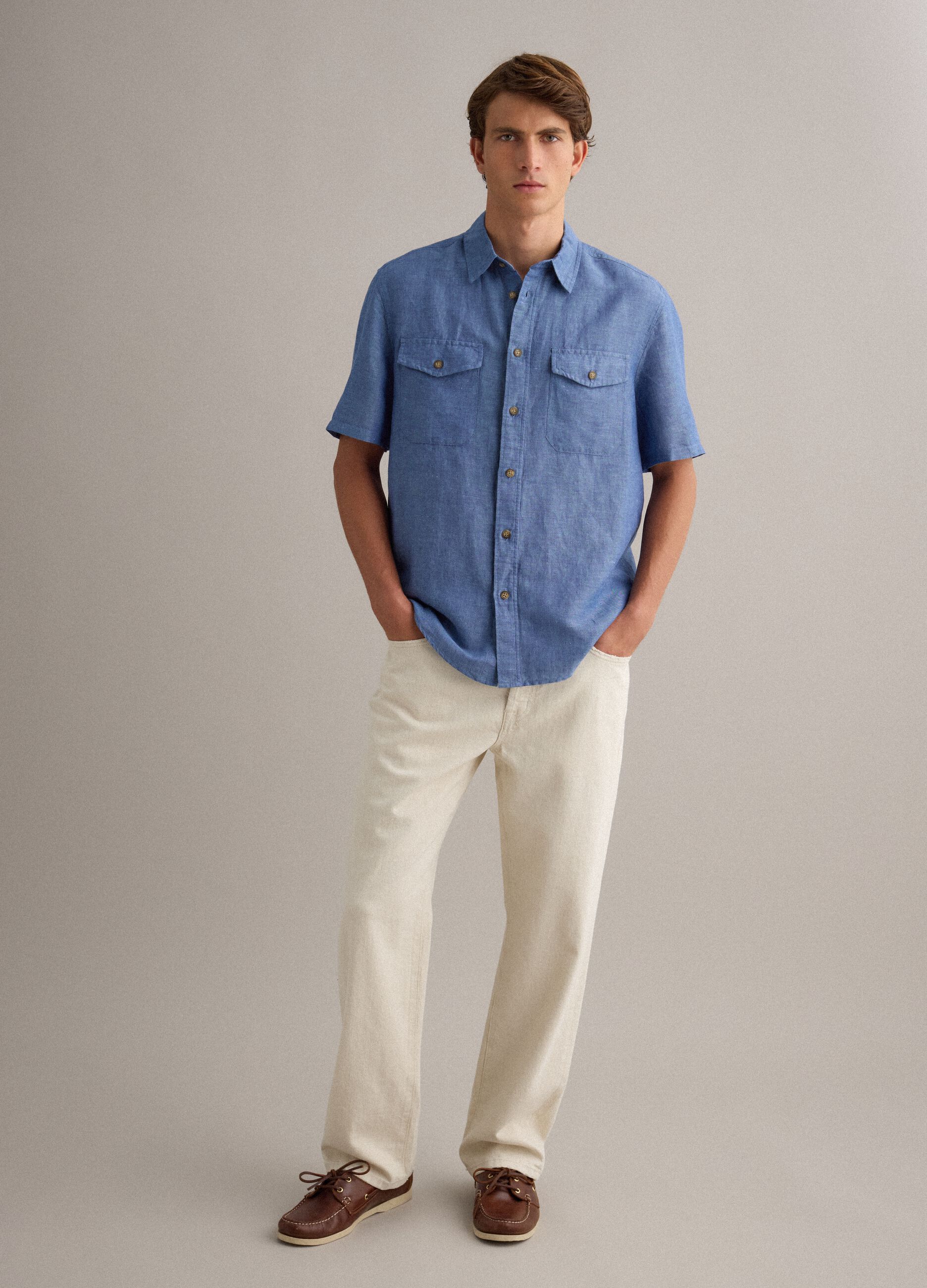 Men's blue shirt in linen and cotton blend