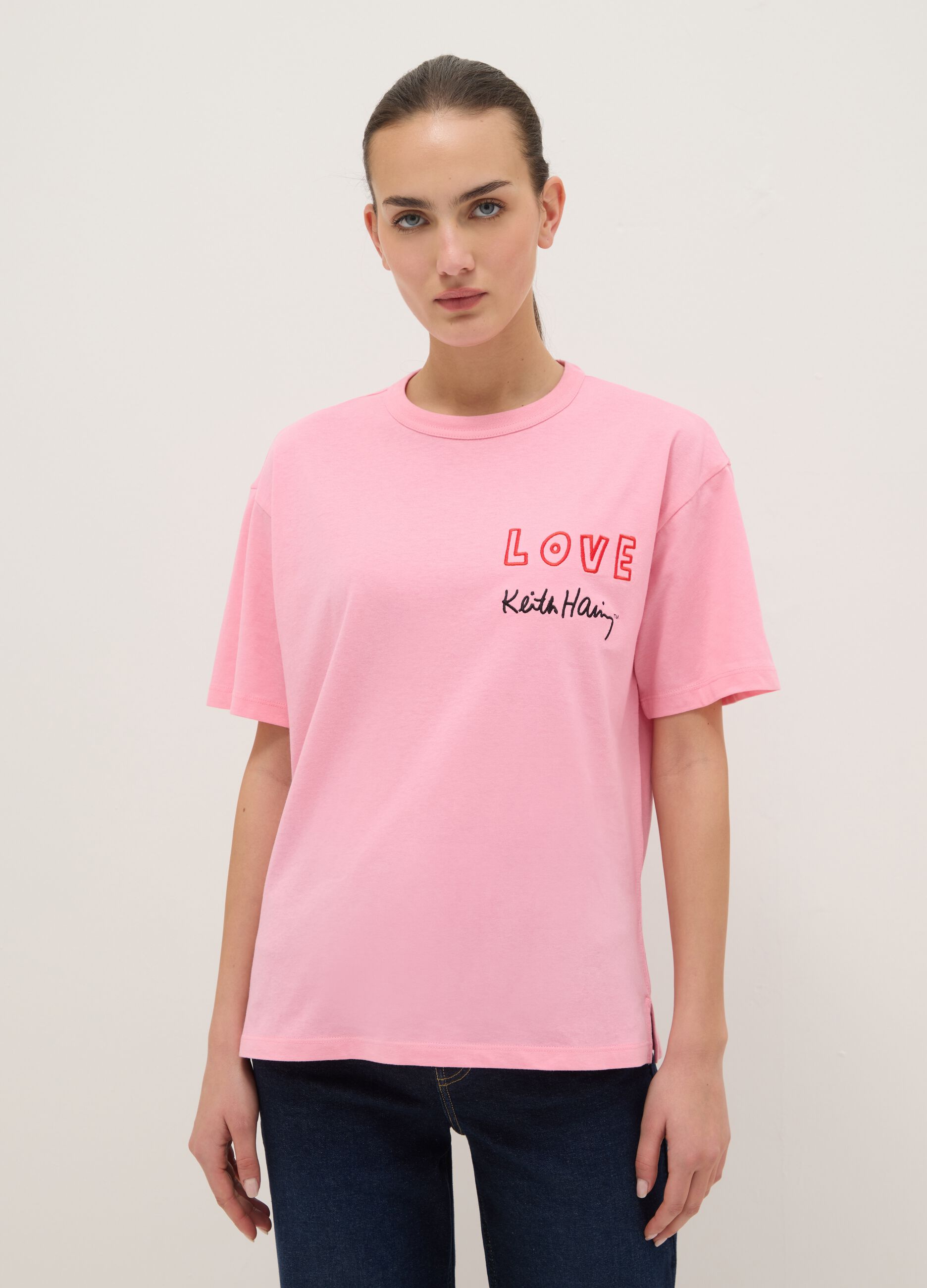Pink pure cotton T-shirt regular fit with Keith Haring print