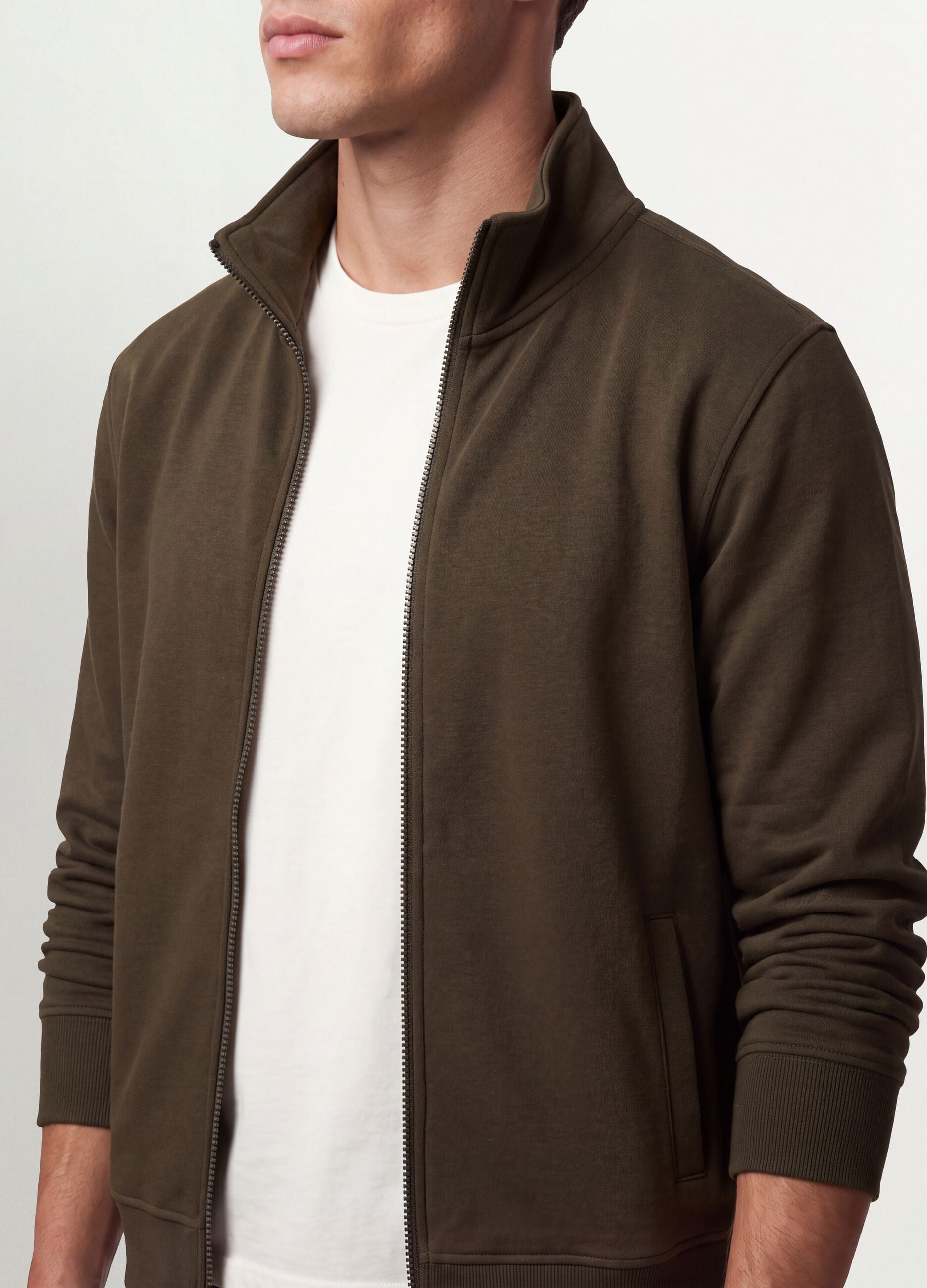 Green cotton-blend sweatshirt with crew neck and zip, regular fit