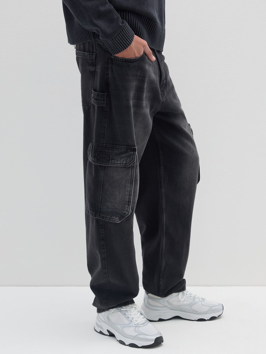 Black pure cotton baggy jeans with cargo pockets_3