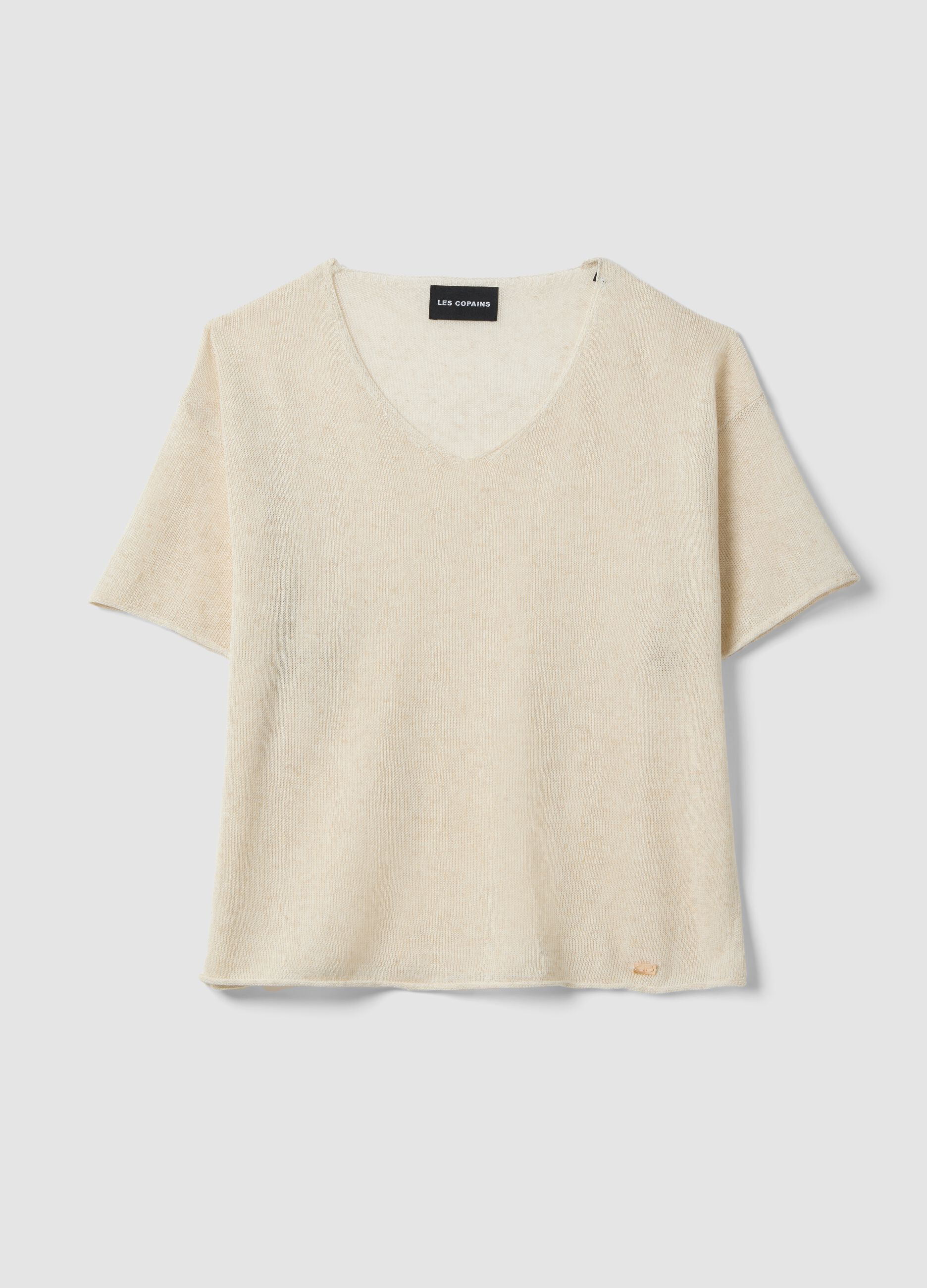 Beigefarbener Oversize-Pullover aus Lyocell-Leinen-Mischung mit V-Ausschnitt