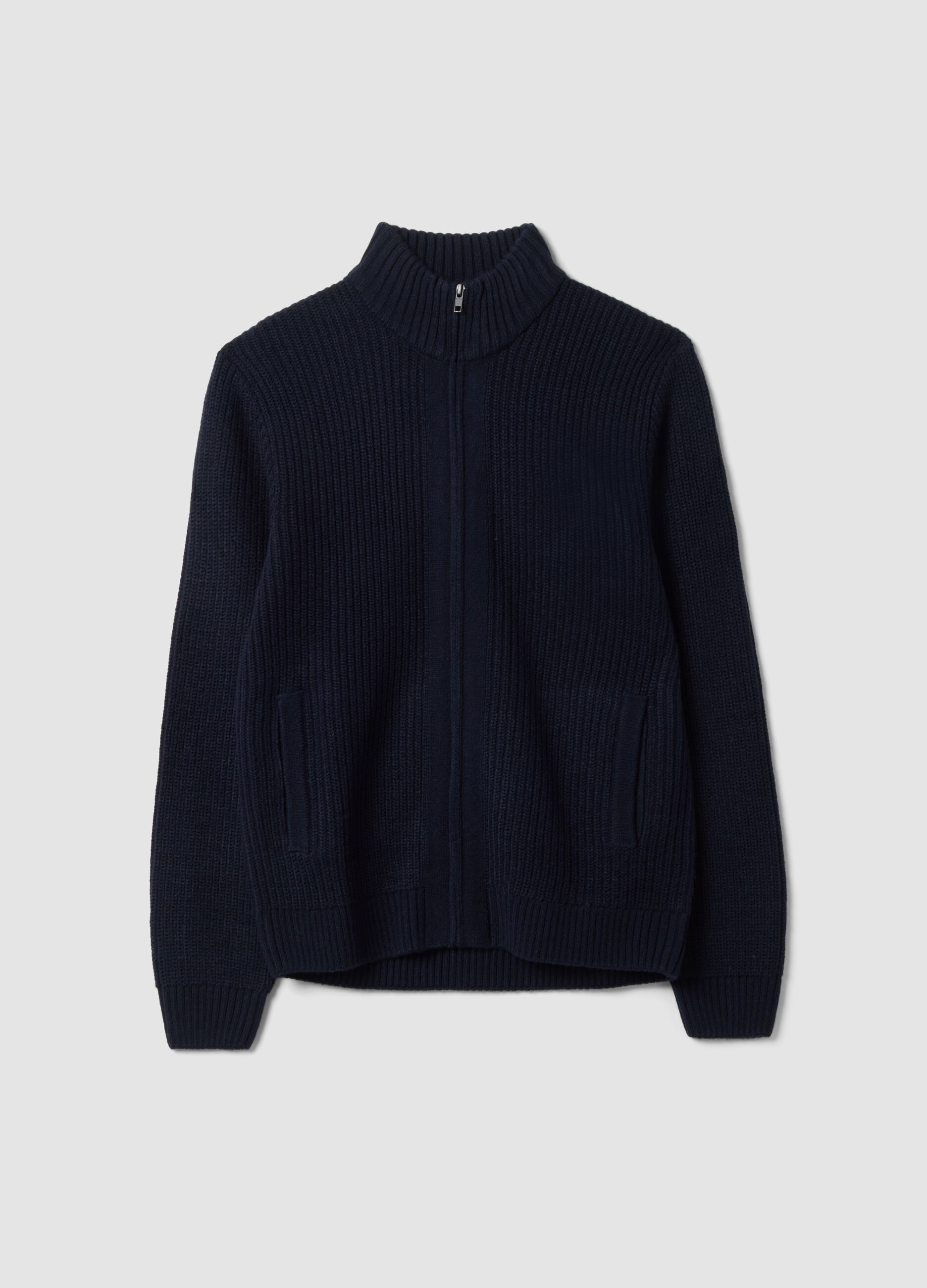 Cardigan azul-marinho em malha canelada com gola e fecho de correr, corte regular