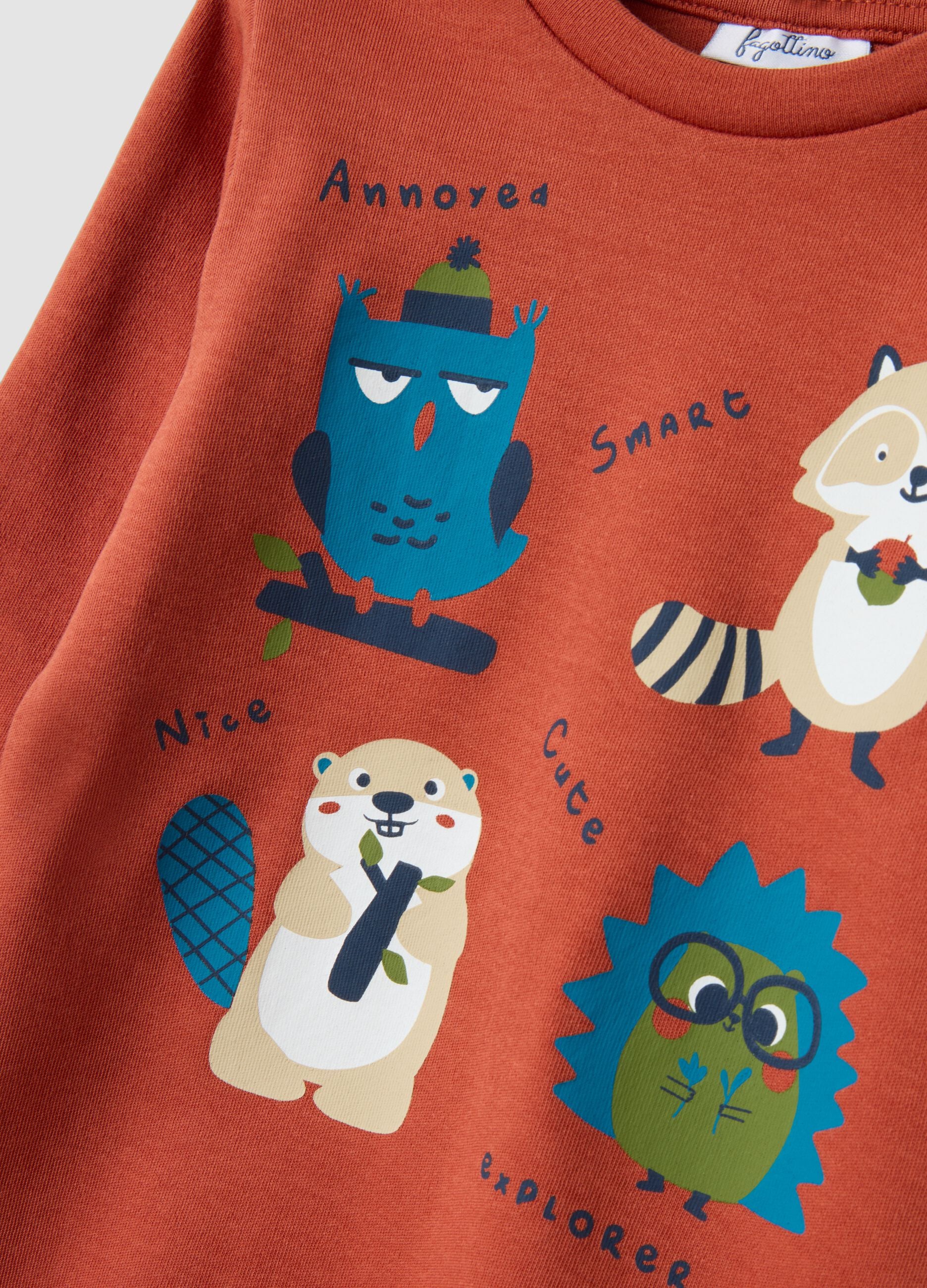 T-shirt arancione in puro cotone organico con stampa animaletti