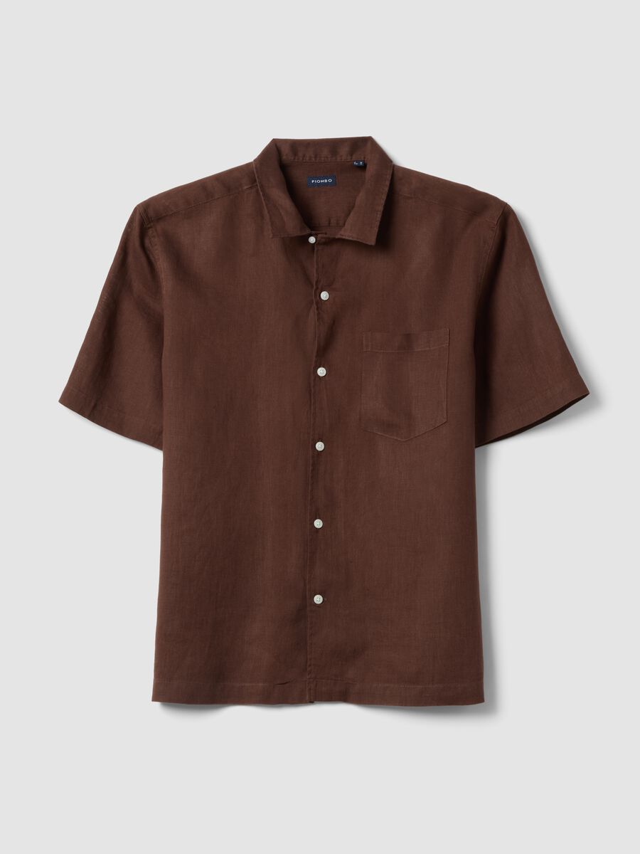 Brown short sleeve pure linen regular fit shirt_1