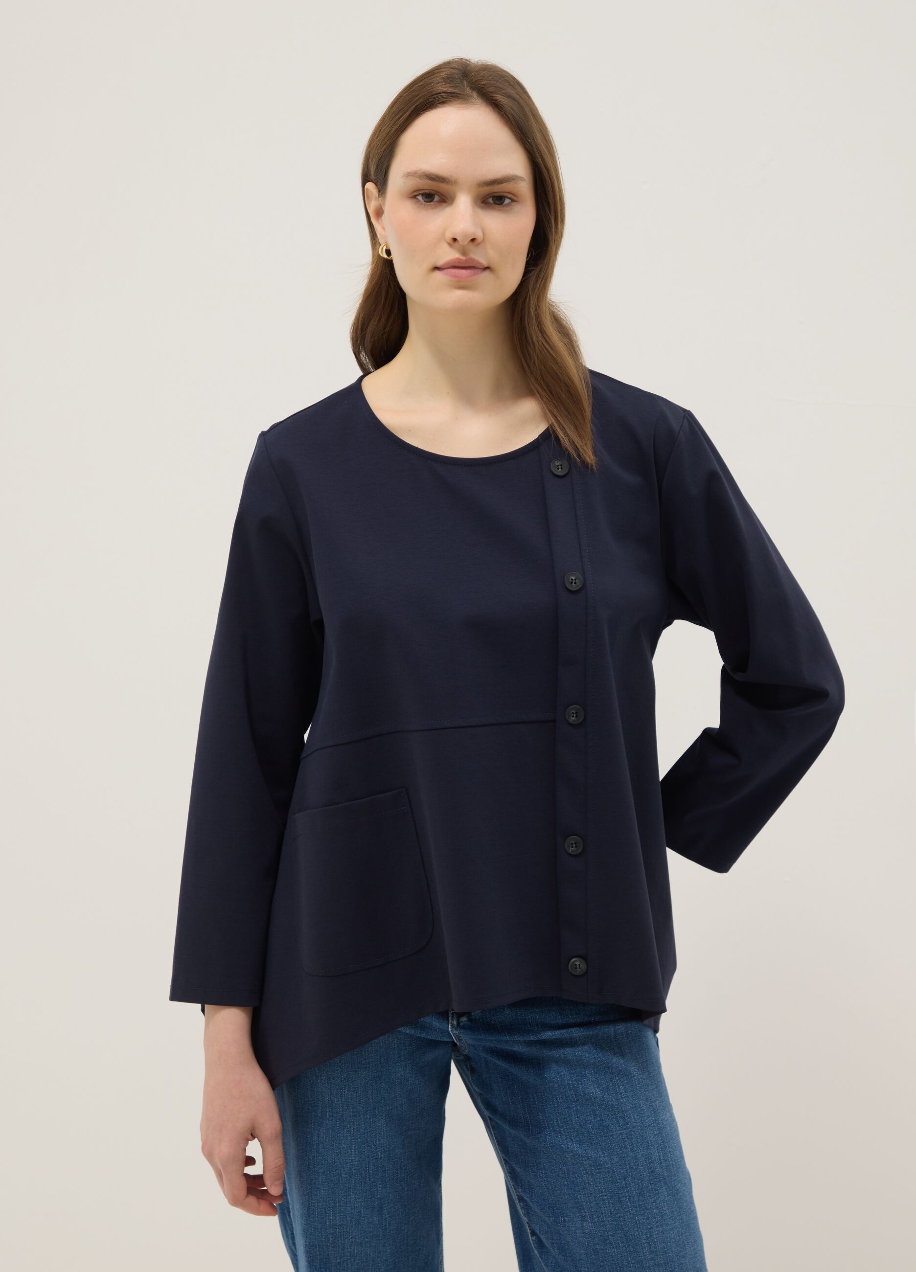 Blue stretch-cotton button-up blouse, regular fit