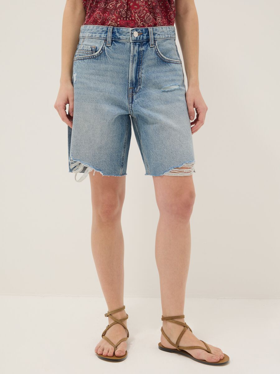 Azurblau Denim reine Baumwollshorts mit geradem Schnitt_1