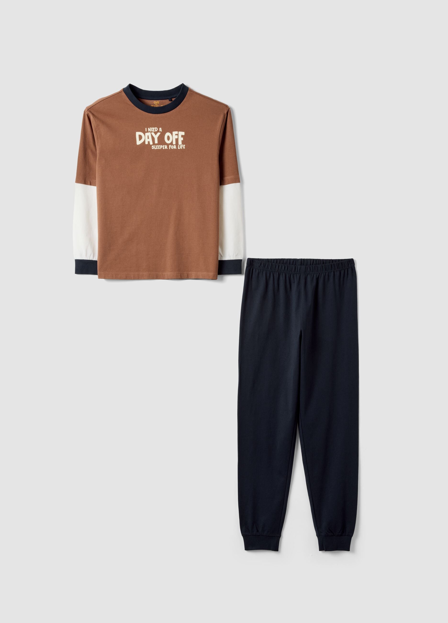 Blue and brown organic cotton crew-neck pyjamas for boys