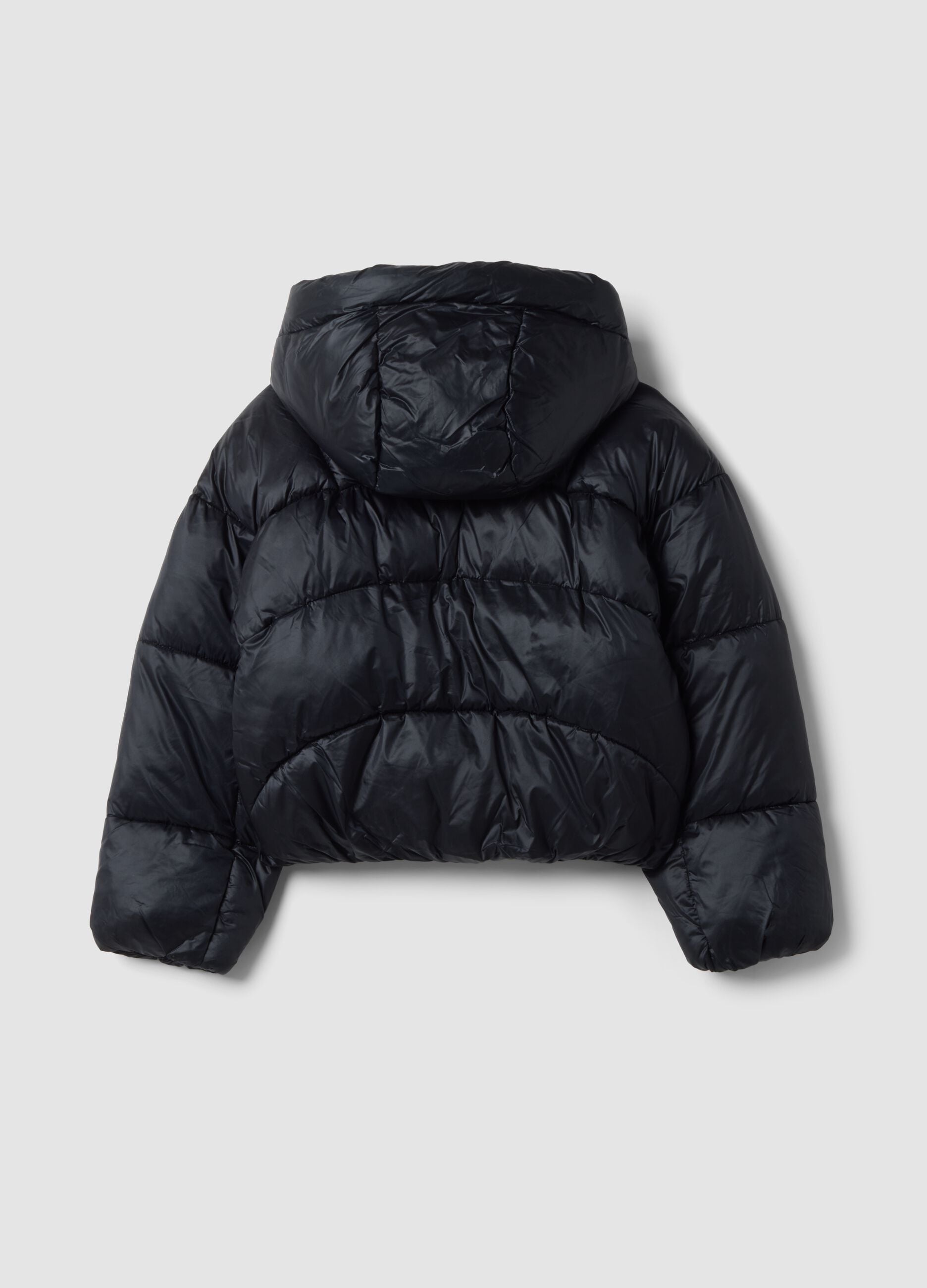 Black padded jacket with hood and zip