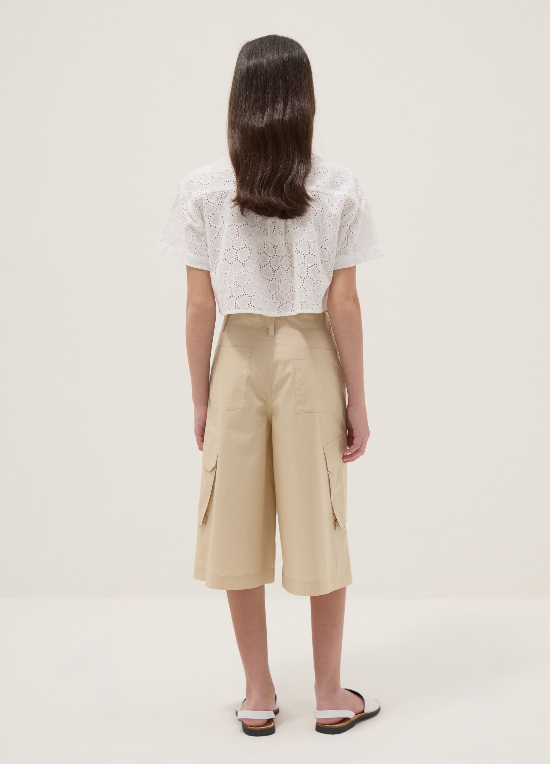 Girls' beige pure cotton cargo trousers, relaxed fit