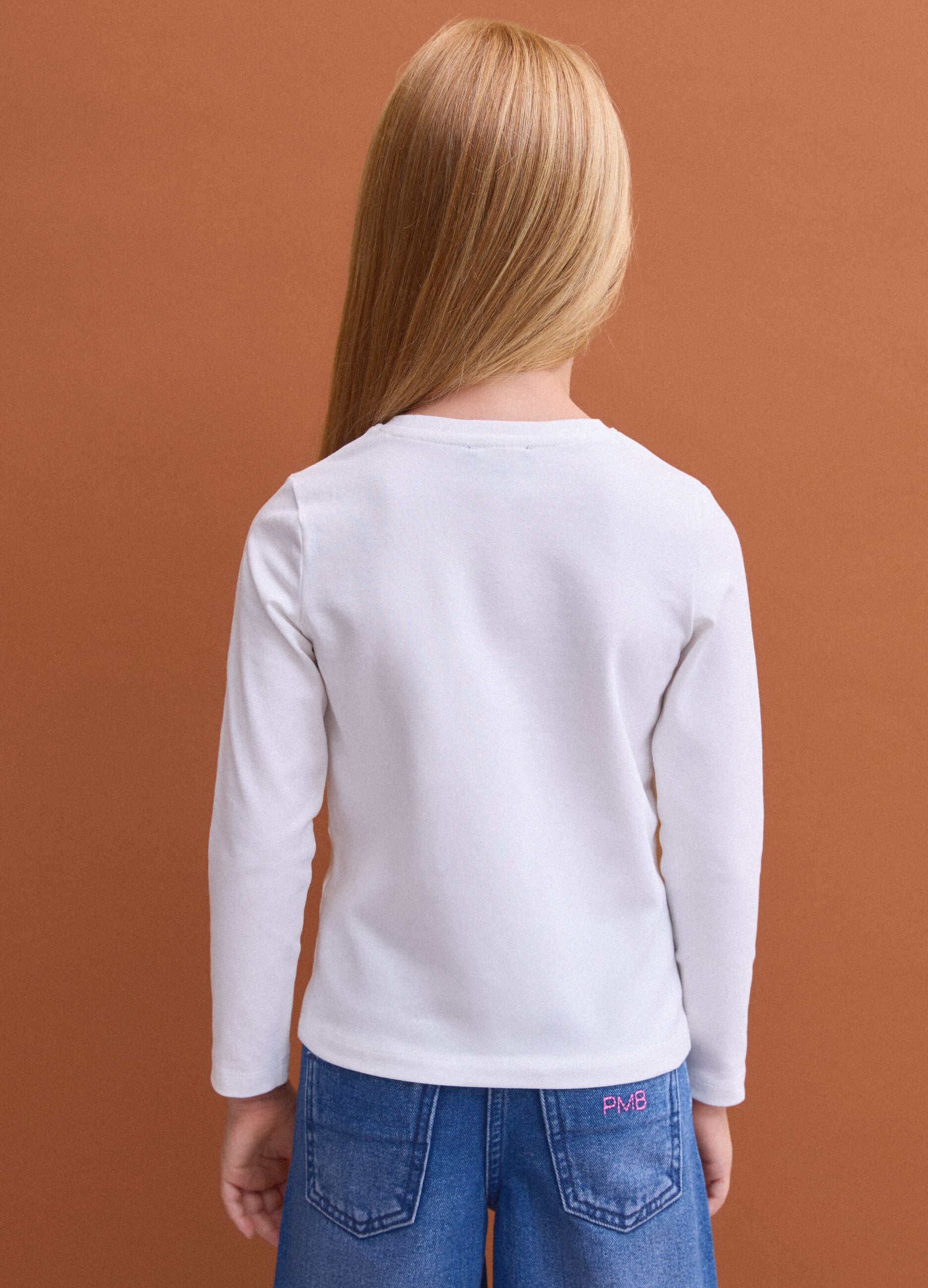 White stretch cotton T-shirt with leopard print for girls