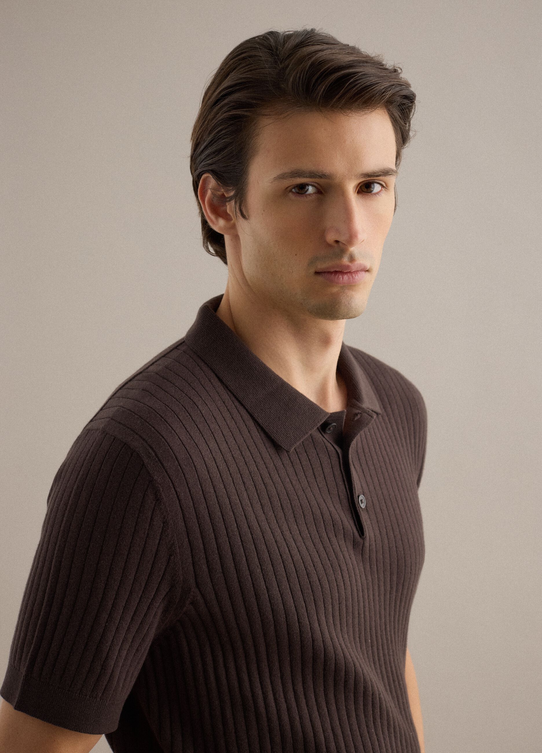 Brown striped short-sleeve pure cotton polo in regular fit