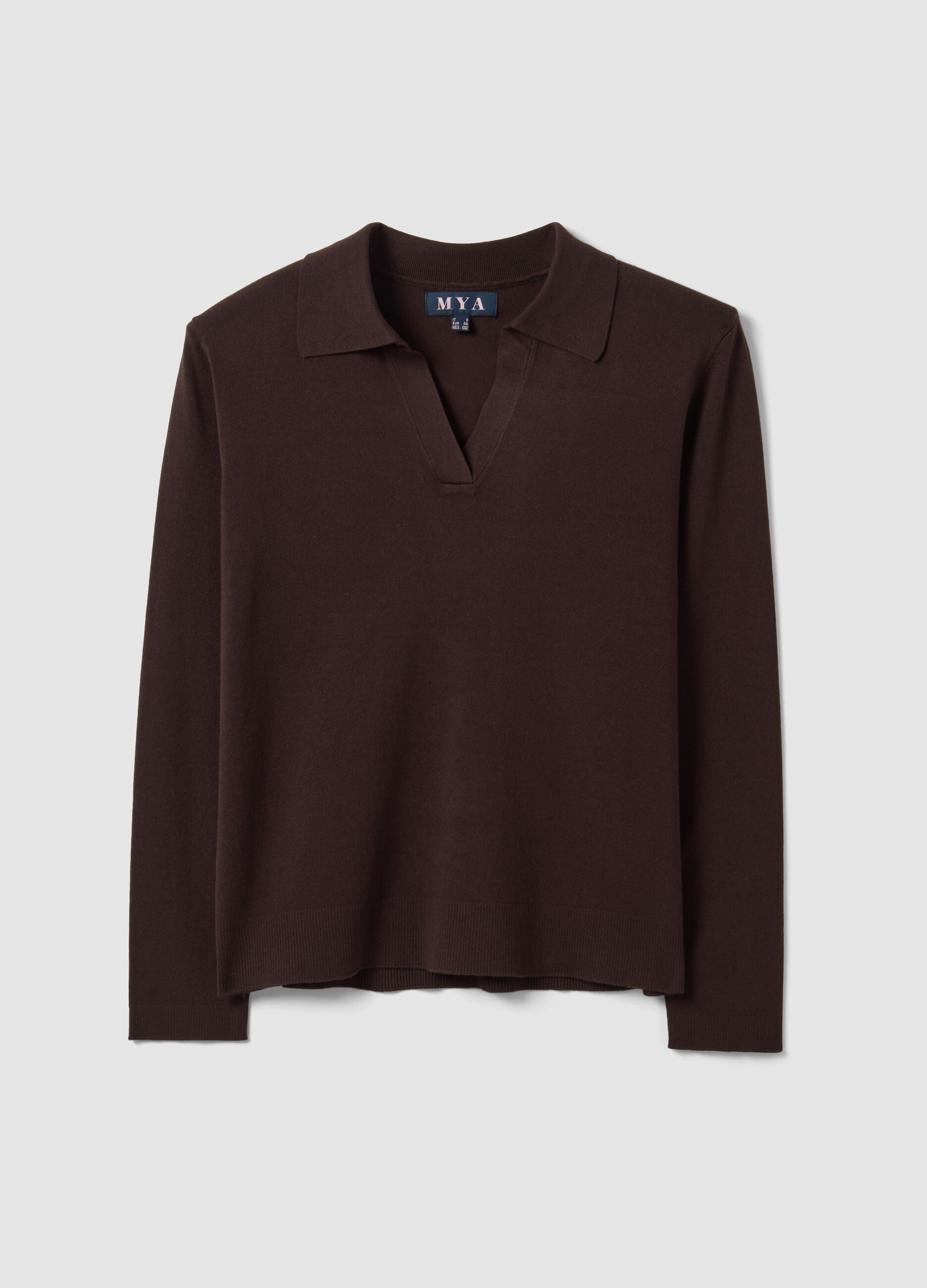 Brown viscose-blend polo-collar jumper with oversized fit