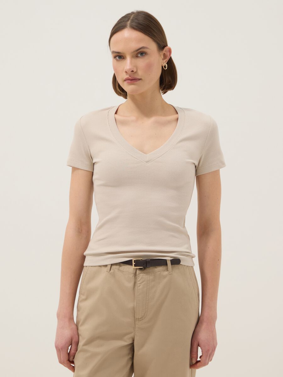 Beige Stretch Cotton Regular Fit T-shirt Deep V_1