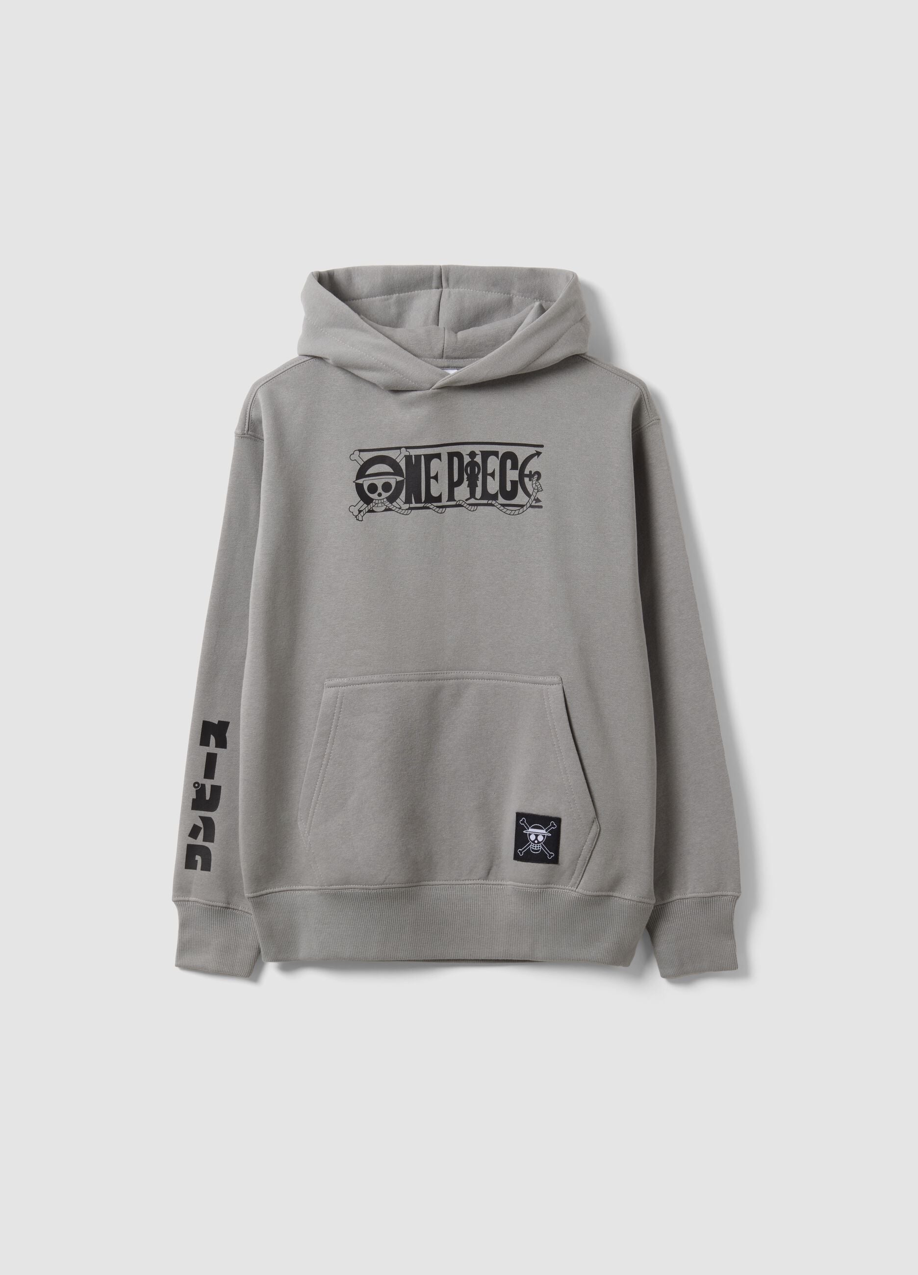 Grey hooded sweatshirt in cotton blend with One Piece print, oversized fit