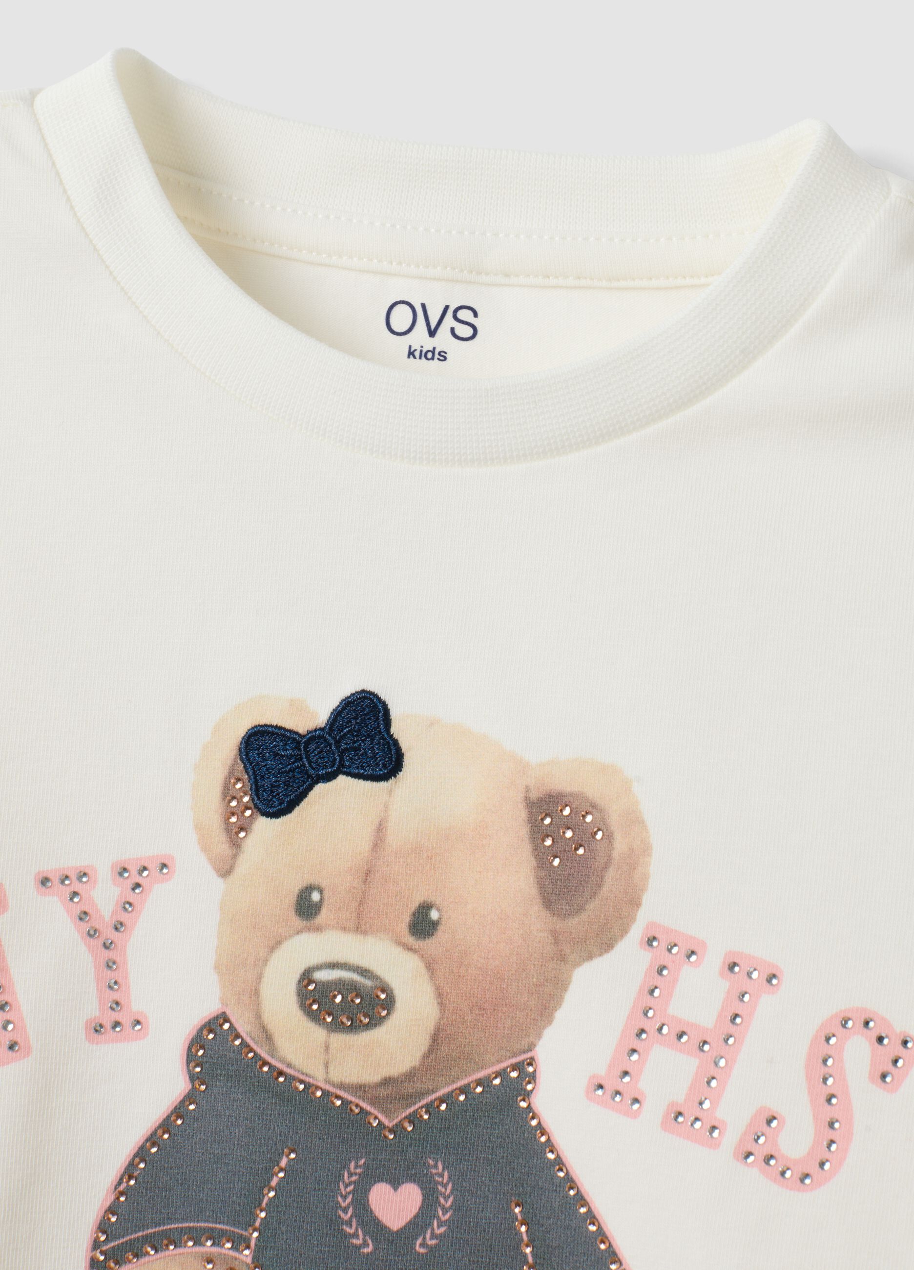 White stretch cotton T-shirt with teddy bear print for girls