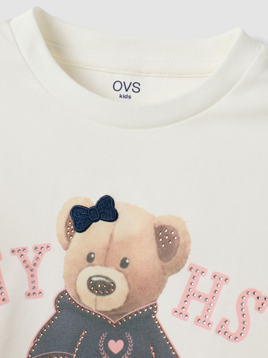 White stretch cotton T-shirt with teddy bear print for girls_2